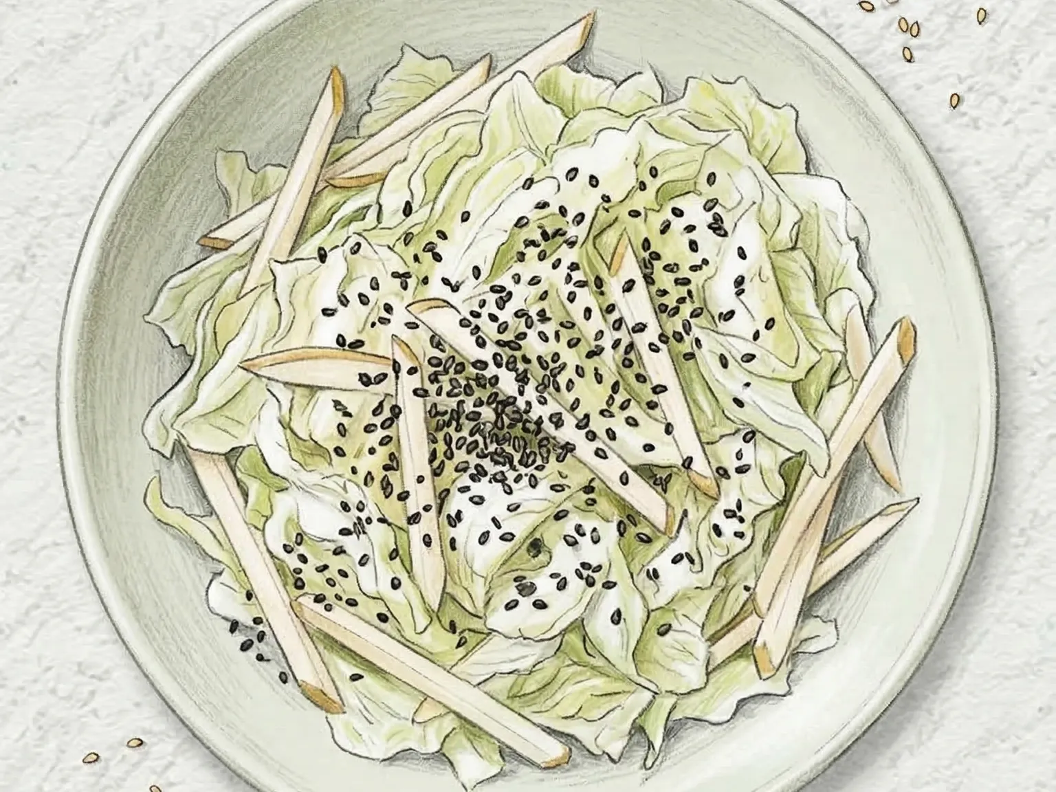 Napa-baechu Bae Heukimja Salad (Salada de repolho napa, pera e gergelim preto)