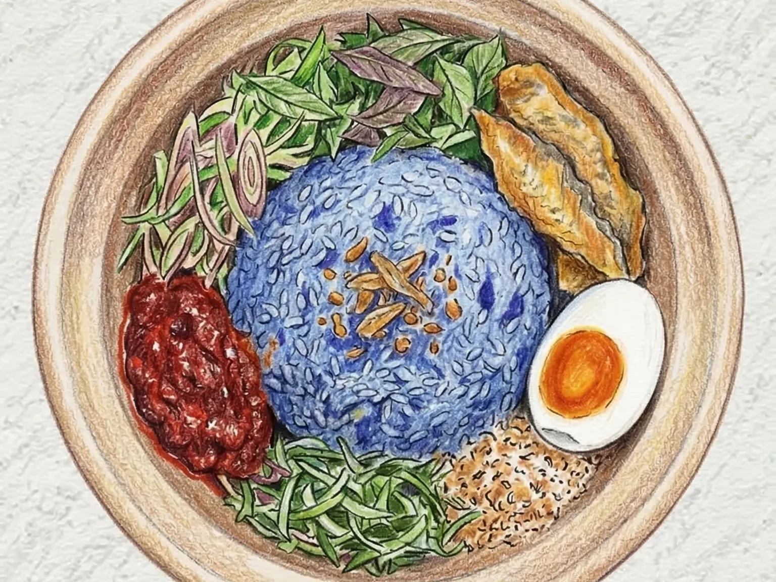 Nasi Kerabu (Arroz Azul con Hierbas al Estilo de Kelantan)