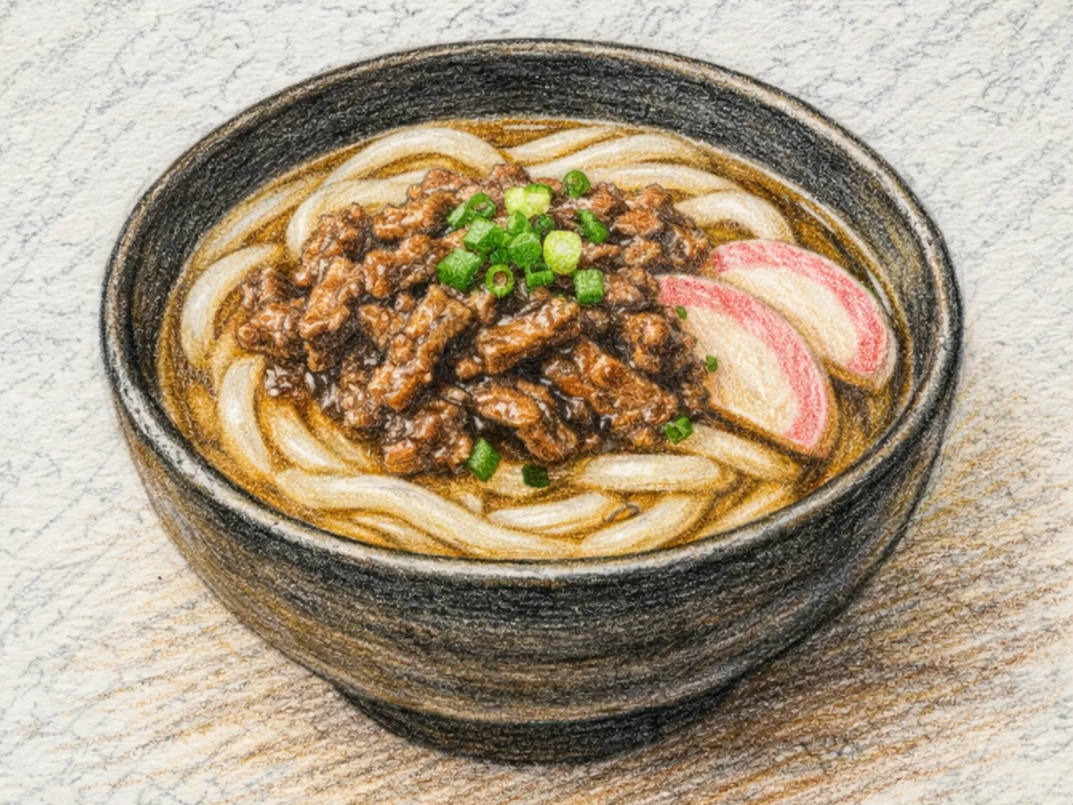 Niku Udon (Macarrão Udon grosso japonês em caldo Dashi com carne bovina refogada)