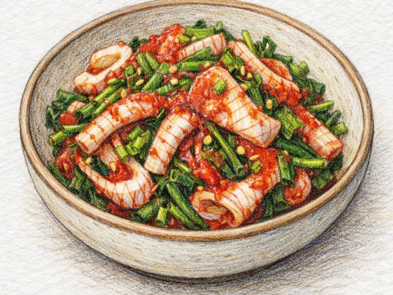 Ojingeo Naengi Chojang Salad (ensalada coreana de calamar y naengi con salsa chojang)