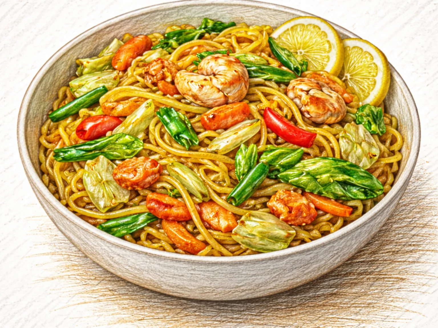 Pancit Canton (fideos de huevo filipinos salteados con pollo y verduras)