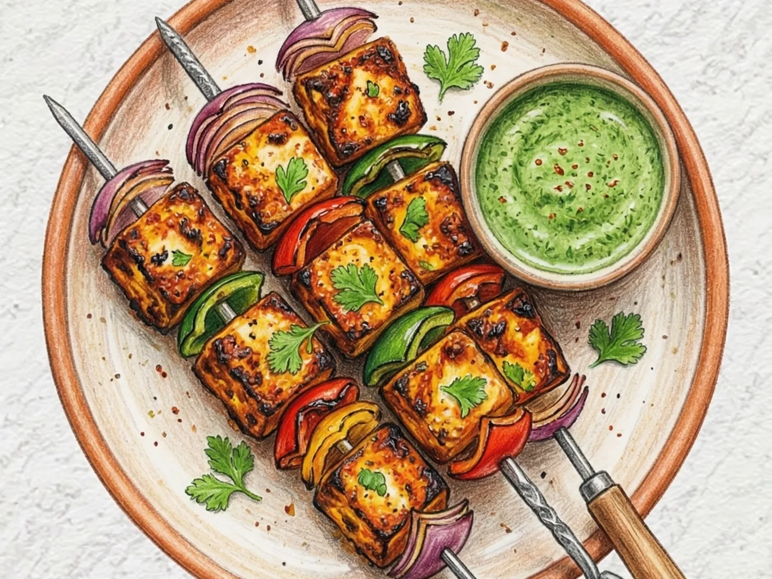 Paneer Tikka (brocheta de queso a la parrilla marinado en yogur especiado indio)