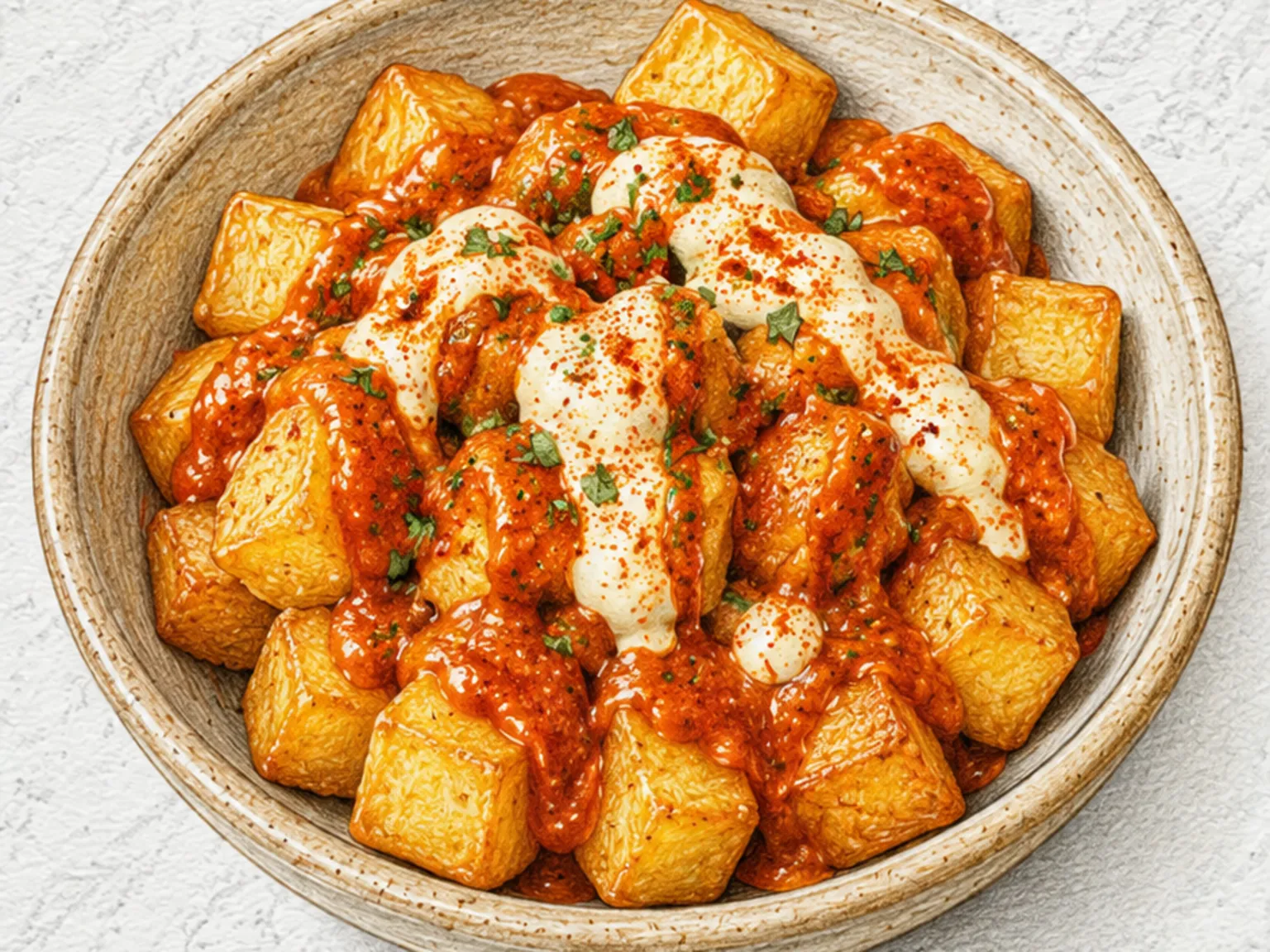Patatas Bravas (Batatas crocantes espanholas com molho de tomate picante)