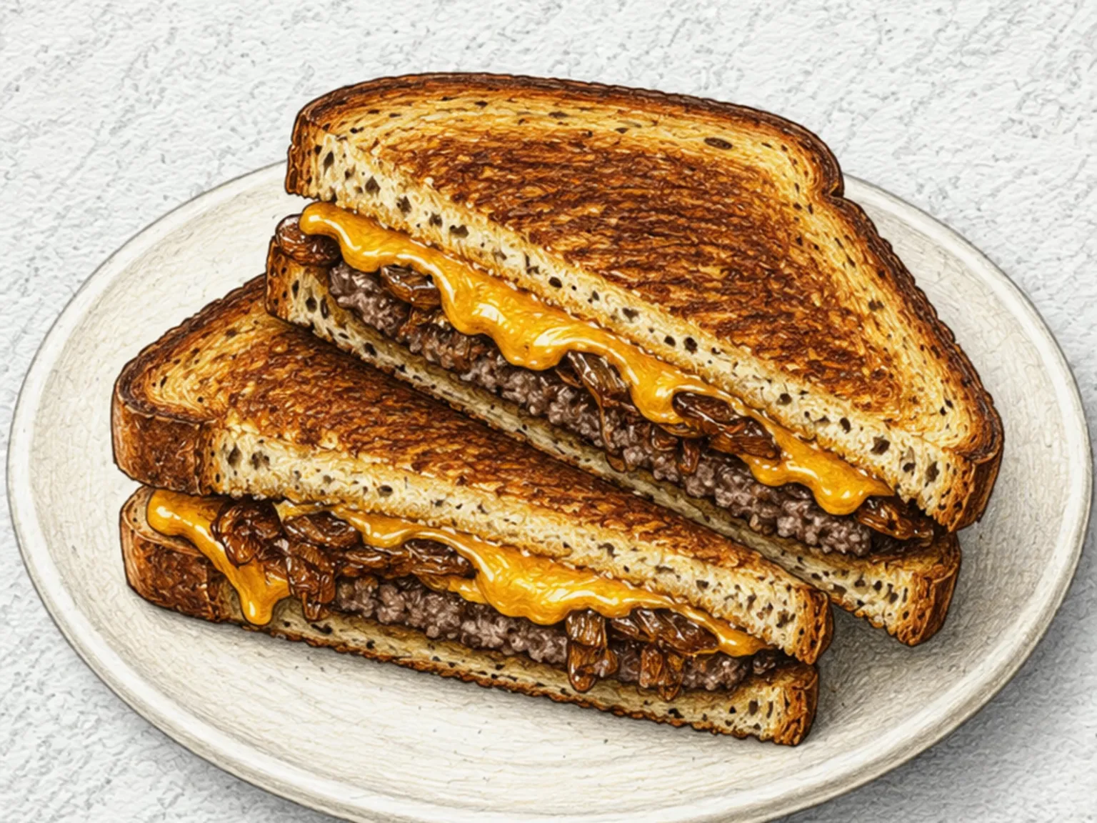 Patty Melt (Sanduíche americano de hambúrguer com cebola caramelizada)