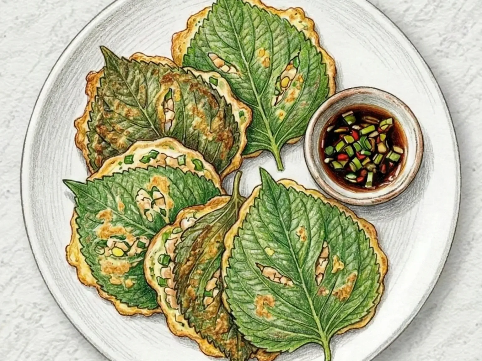 Kkaennip-dak-jeon (Pancake coreano de hojas de perilla y pollo)