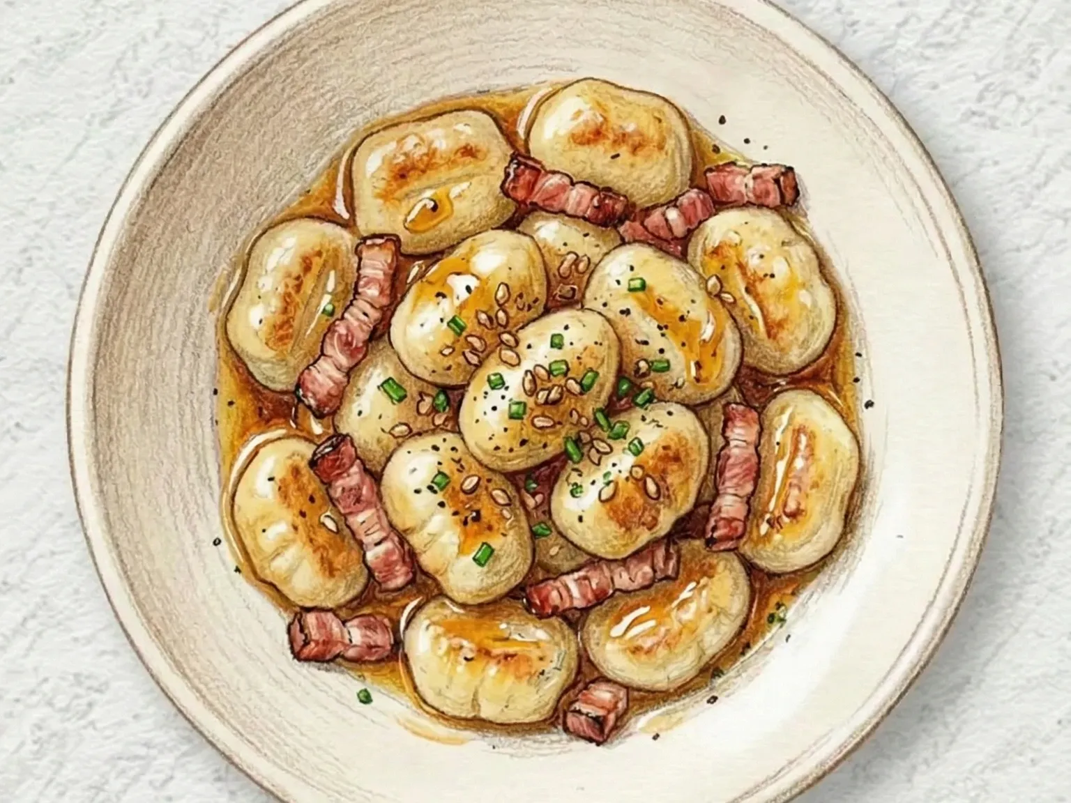 Perilla Oil Potato Gnocchi with Pancetta (gnocchi de patata con panceta y aceite de perilla)