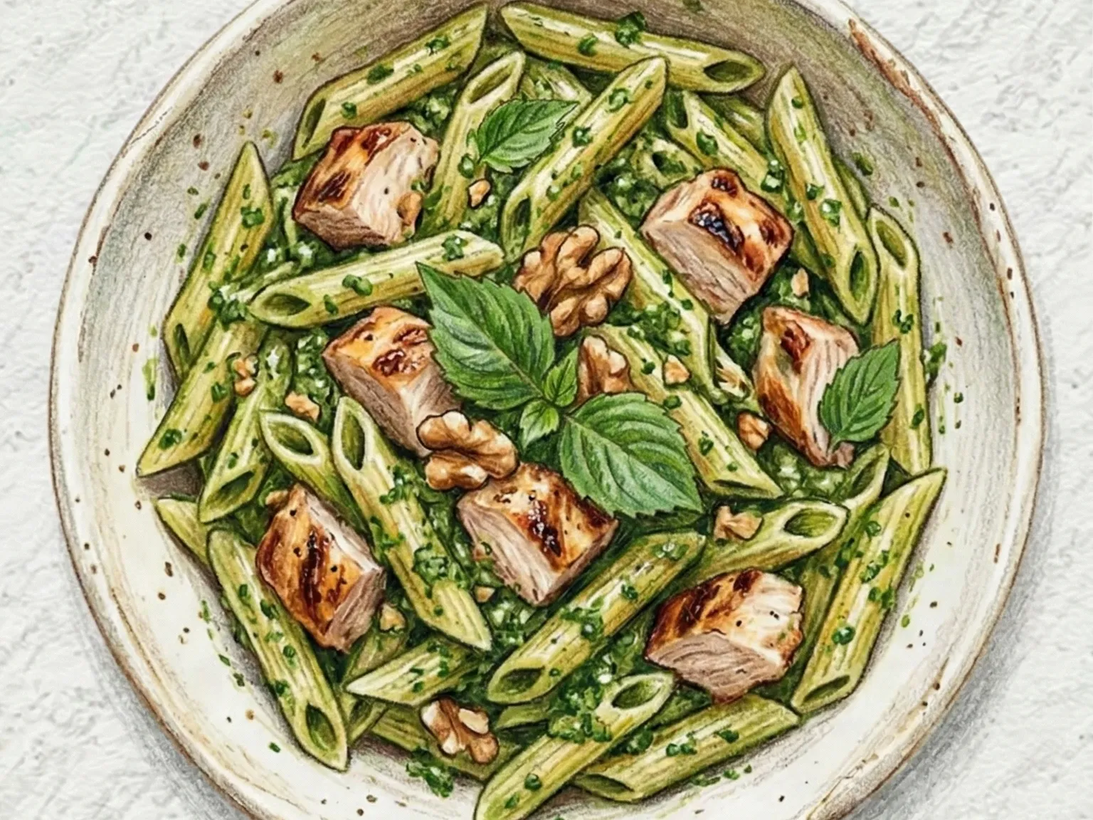 Perilla Pesto Chicken Penne (penne con pollo y pesto de perilla)