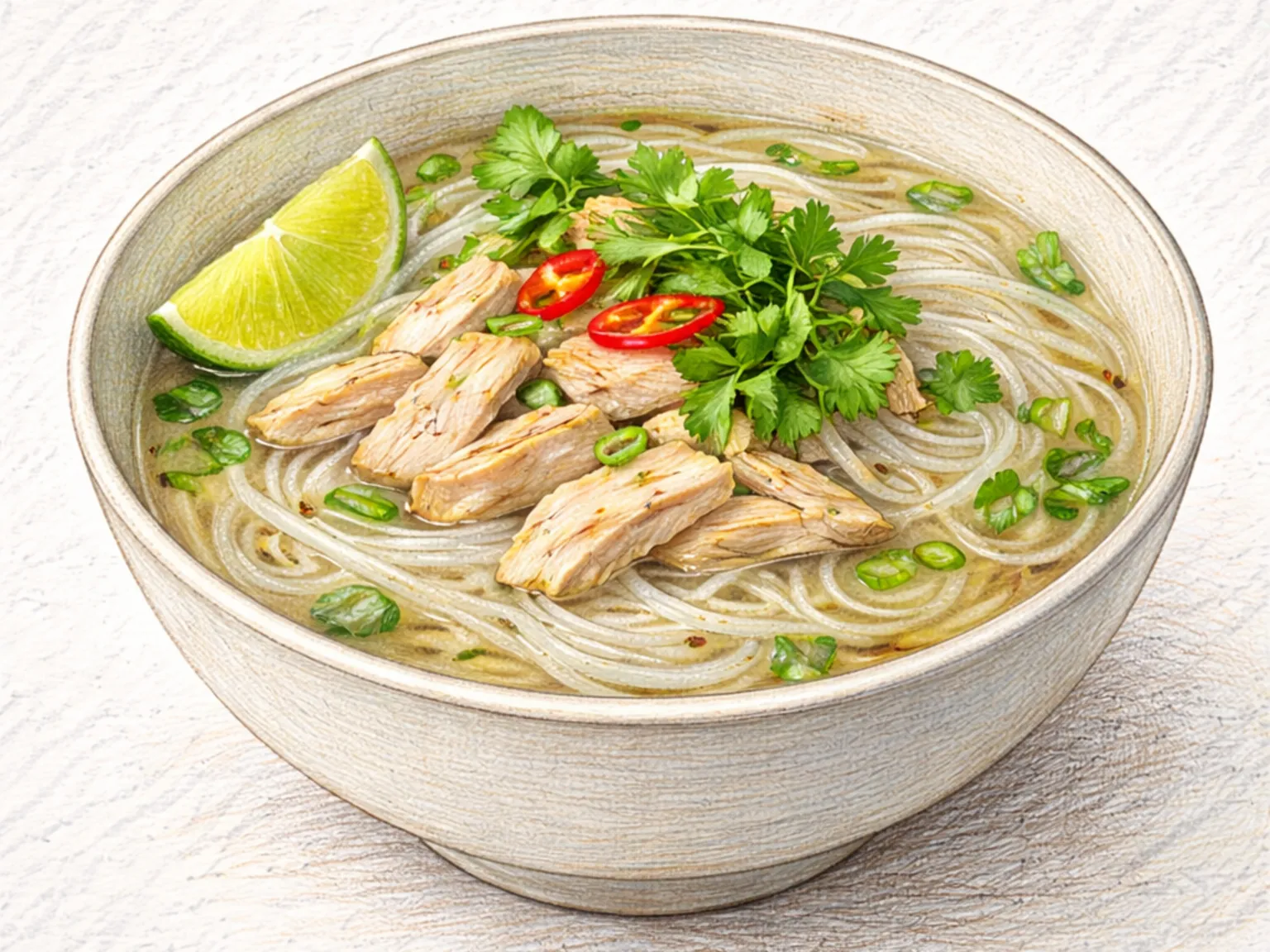 Pho Ga no estilo de Hanói (Sopa de macarrão de arroz com frango do norte do Vietnã)