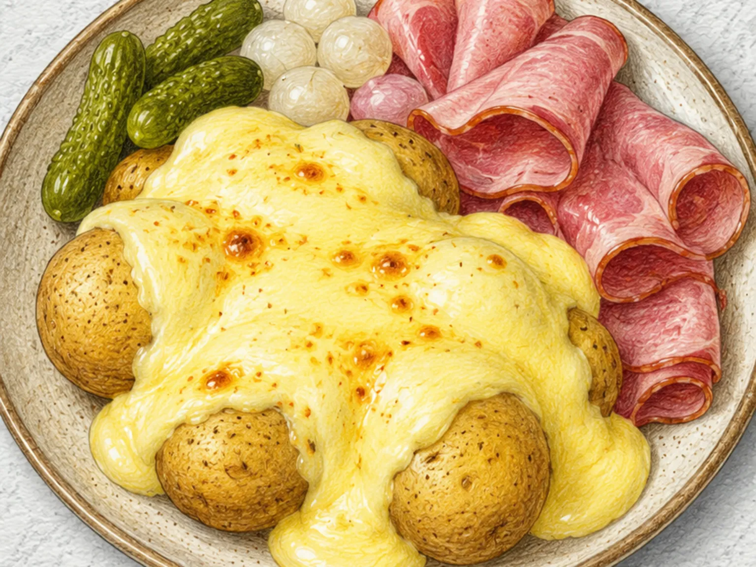 Raclette (queijo alpino derretido sobre batatas e charcutaria)
