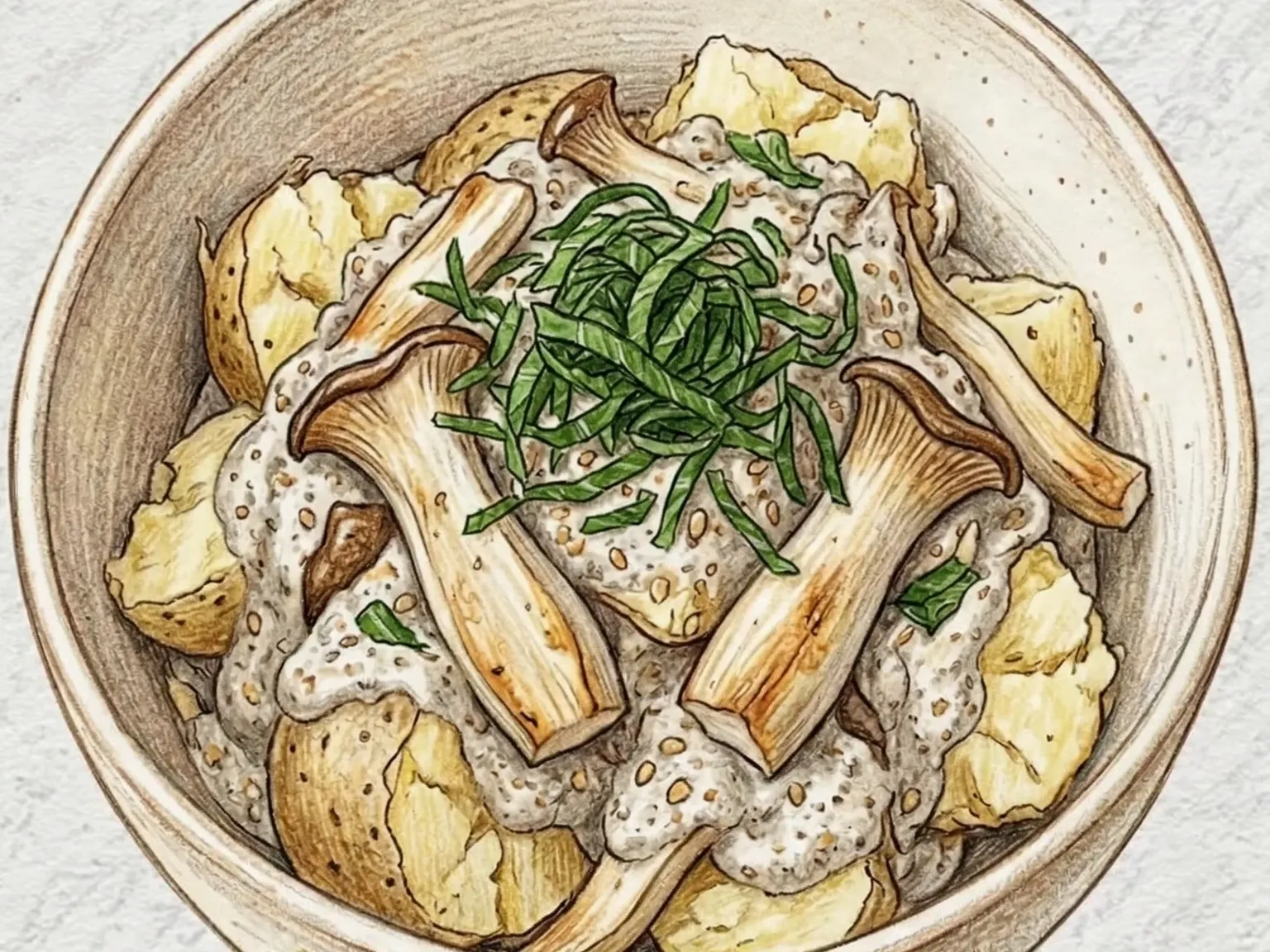 Roasted Mushroom Perilla Potato Salad (ensalada de patata con champiñones asados y perilla)