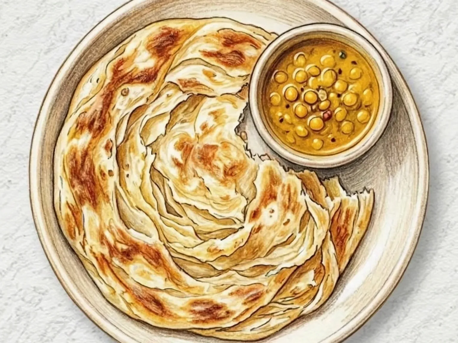 Roti Canai (Pão achatado folhado da Malásia com ghee e molho de curry)