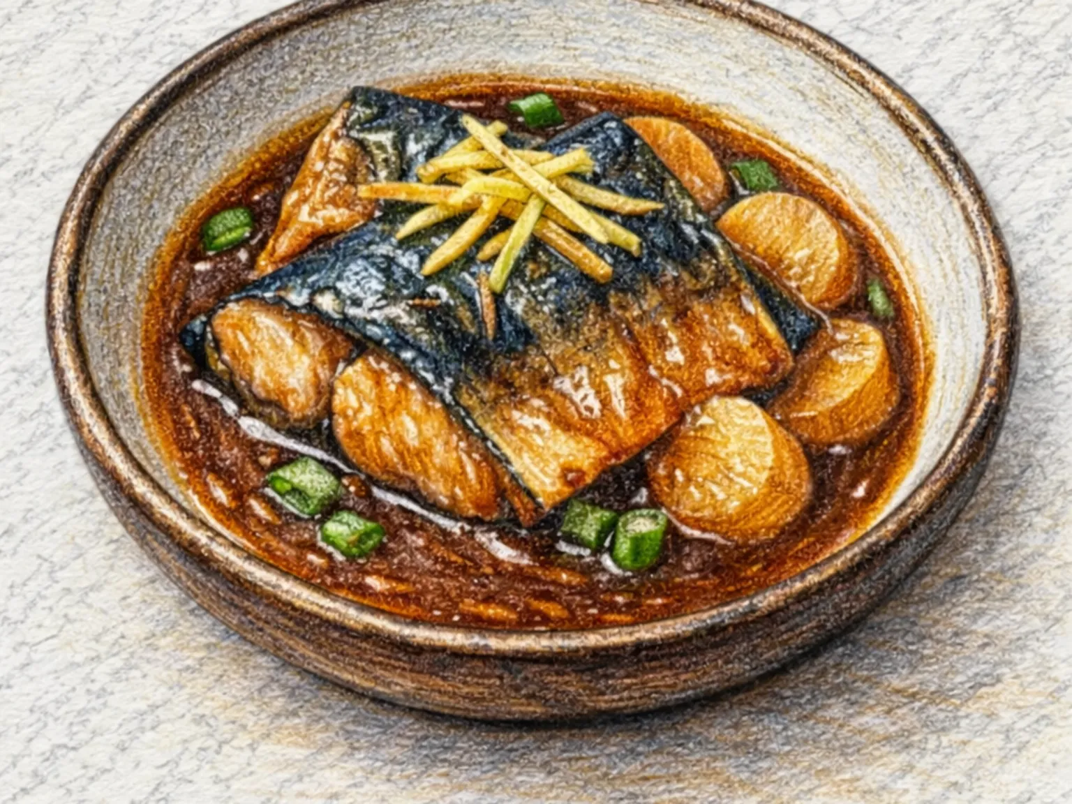 Caballa braseada con miso (braseado japonés de jengibre y mirin)