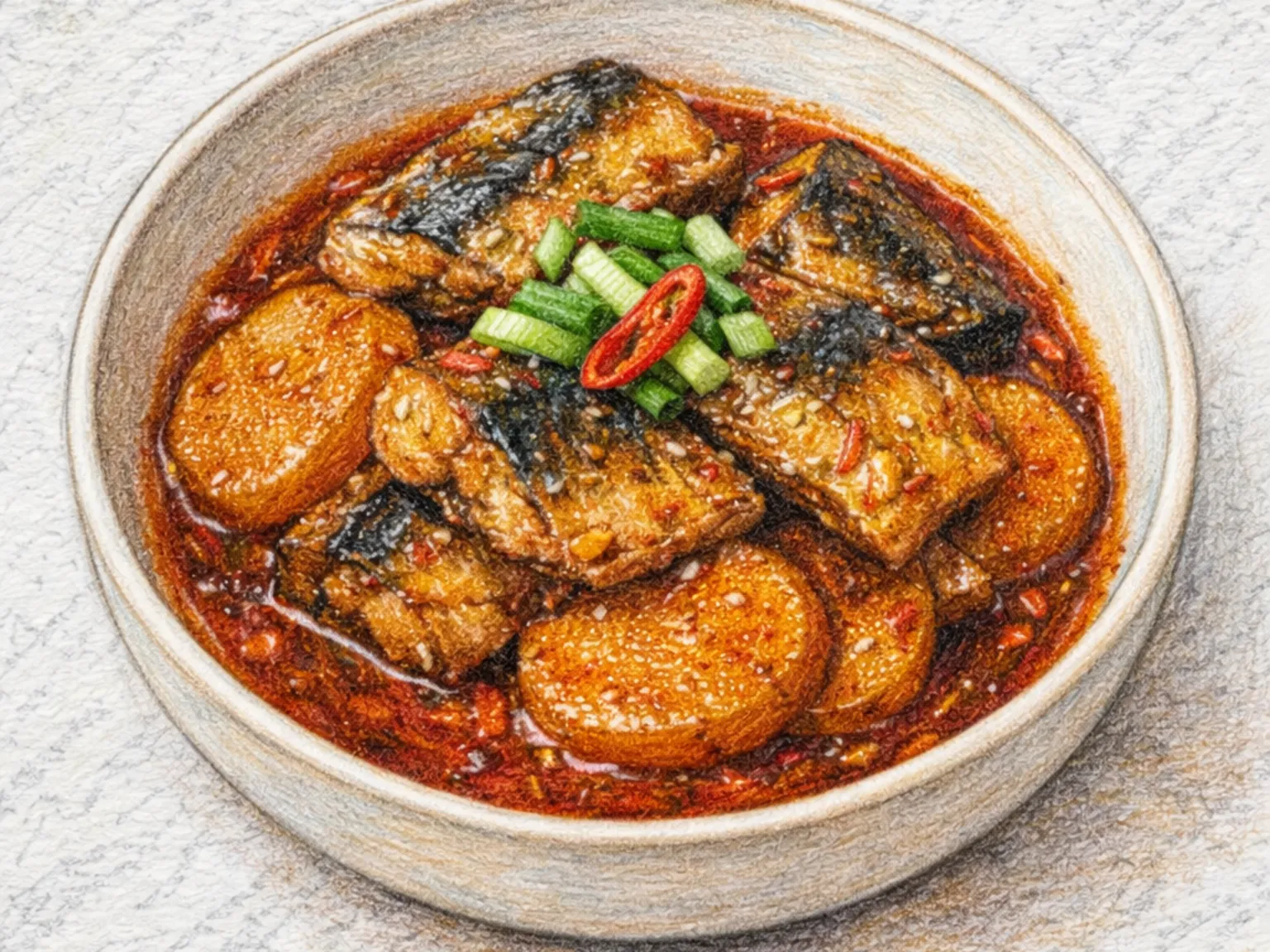 Samchi Mu-jorim (Caballa braseada con rábano al estilo coreano)