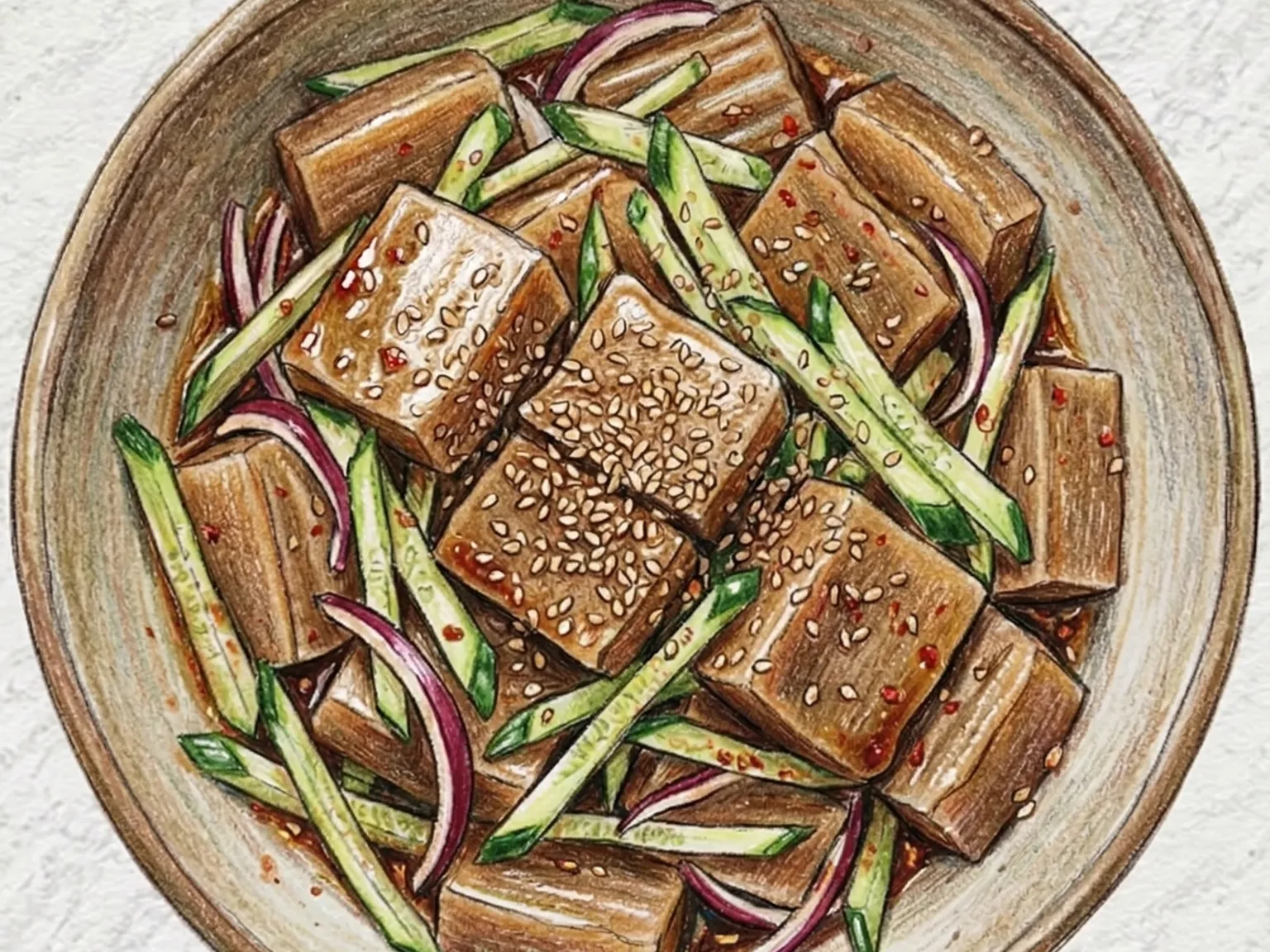 Sesame Dotorimuk Muchim (Salada de gelatina de bolota coreana com molho de soja e gergelim)