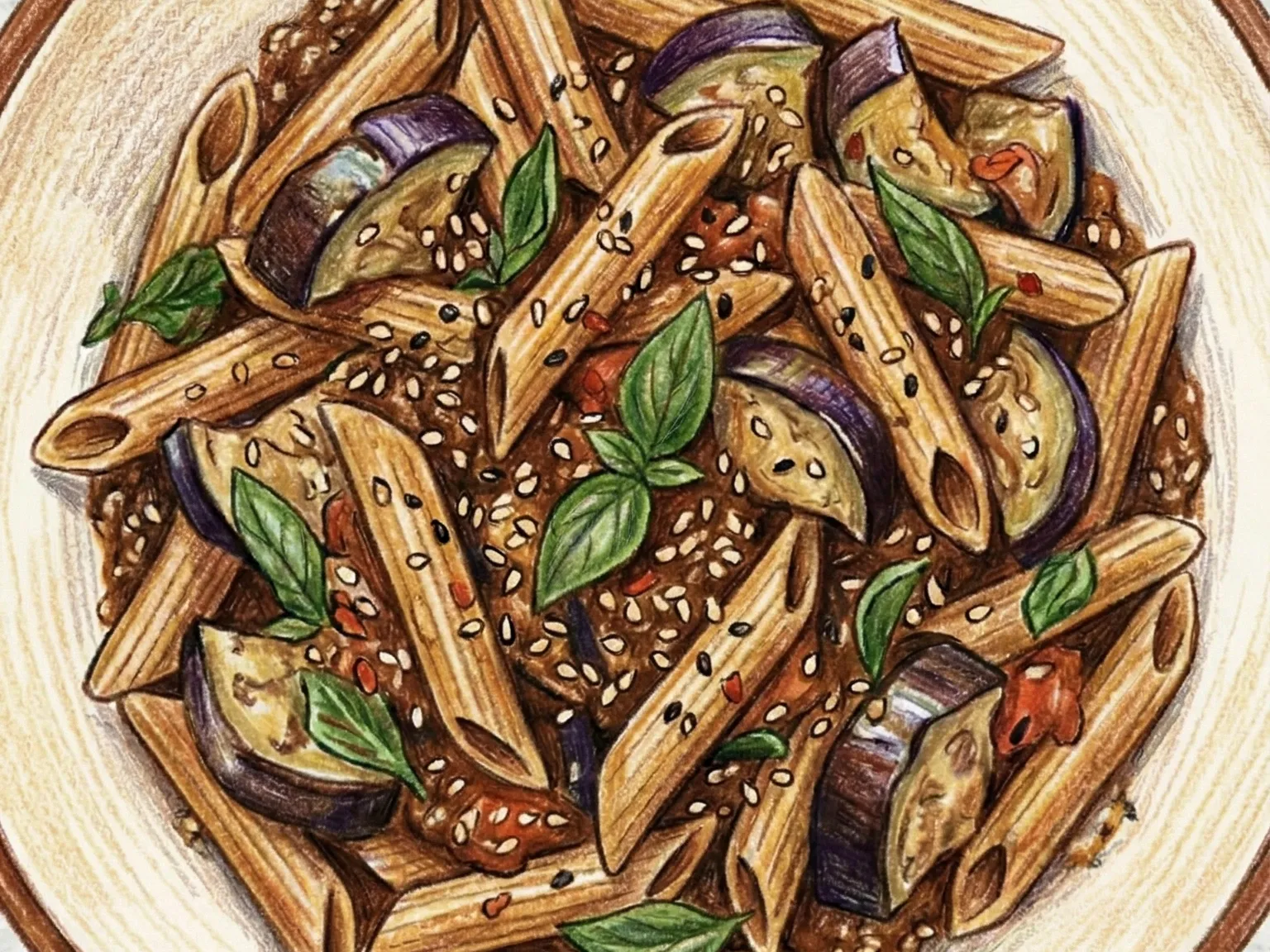 Penne de Berenjena y Tomate con Soja y Sésamo