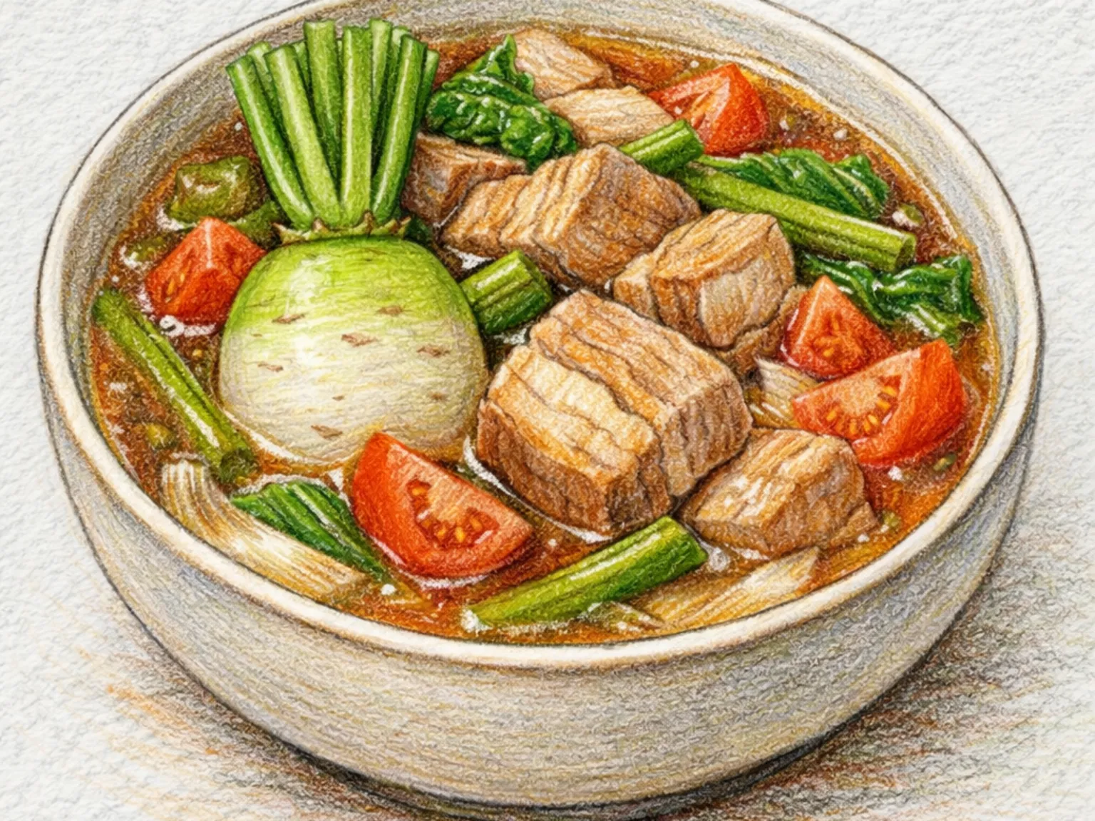 Sinigang na Baboy (Sopa filipina azeda de costela de porco com tamarindo)