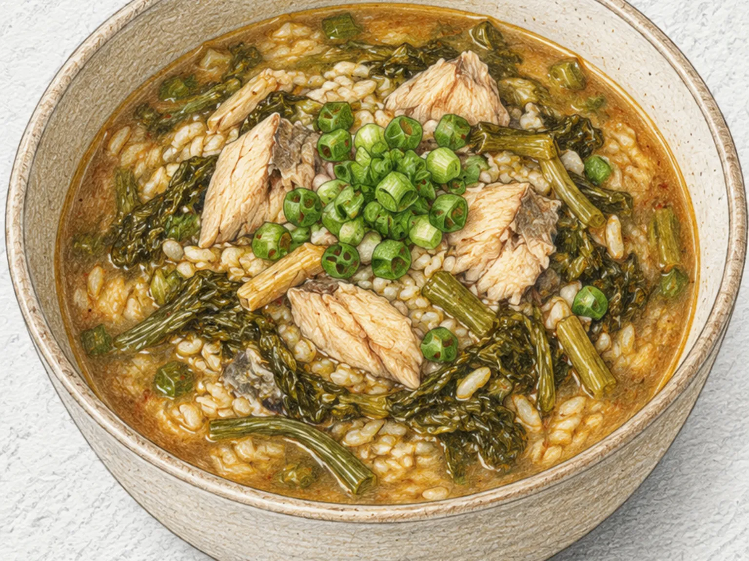 Siraegi-godeungeo-gukbap (sopa de arroz con caballa y hojas de rábano secas coreana)