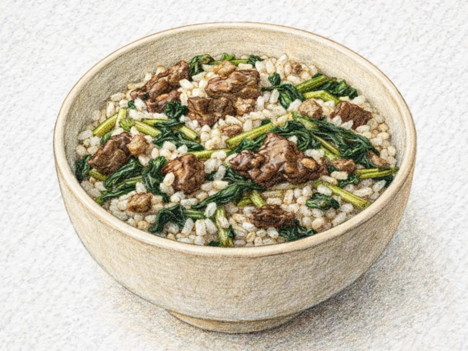 Siraegi-sogogi-sotbap (arroz en olla con ternera y hojas de rábano secas coreano)