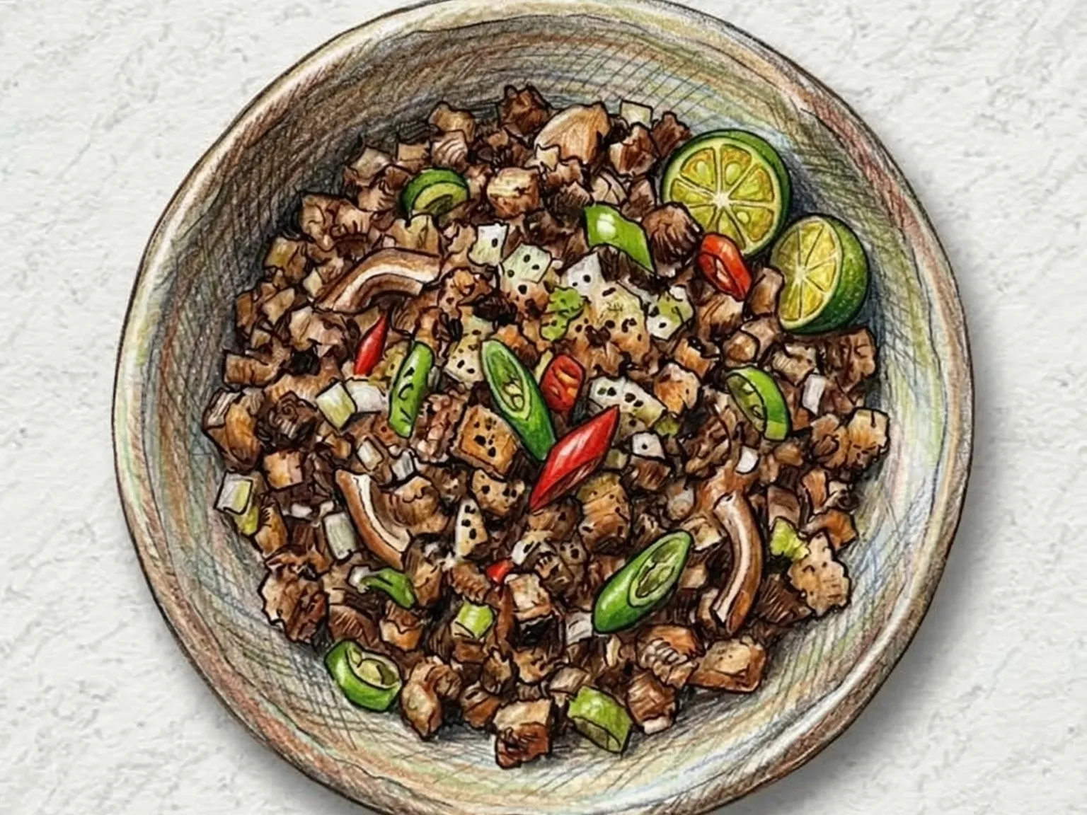 Sisig (Cerdo crujiente filipino picante con calamansí)