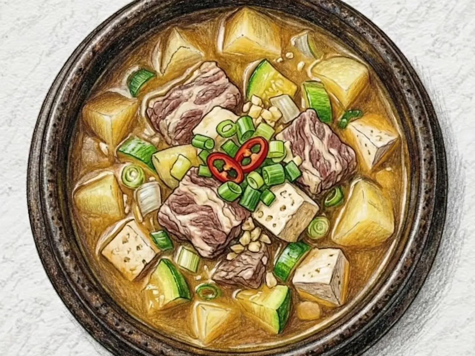 牛肉テンジャンチゲ(牛バラ肉入り味噌煮込みの定番)