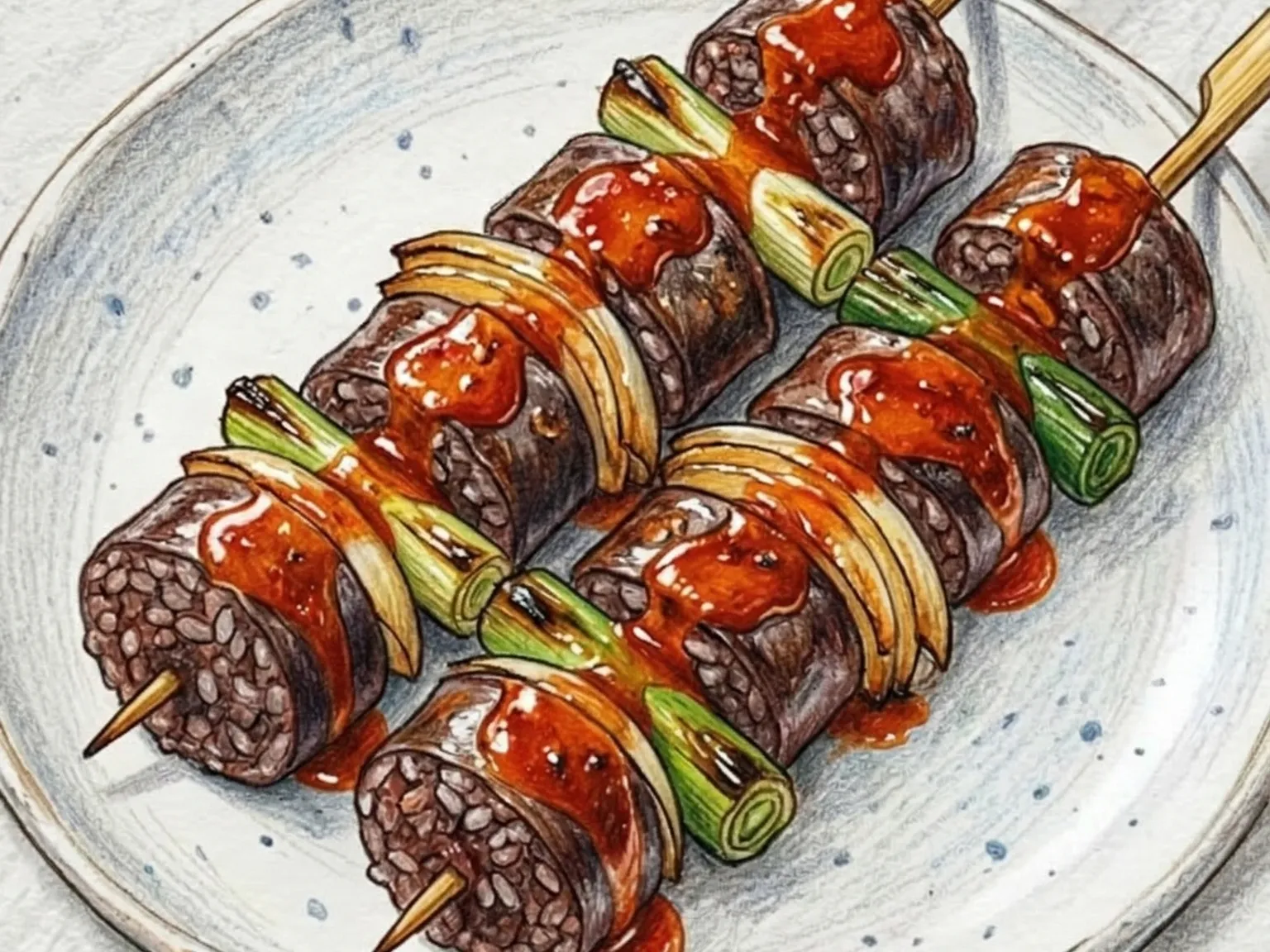 Soondae Kkochi (brochetas de morcilla coreana)