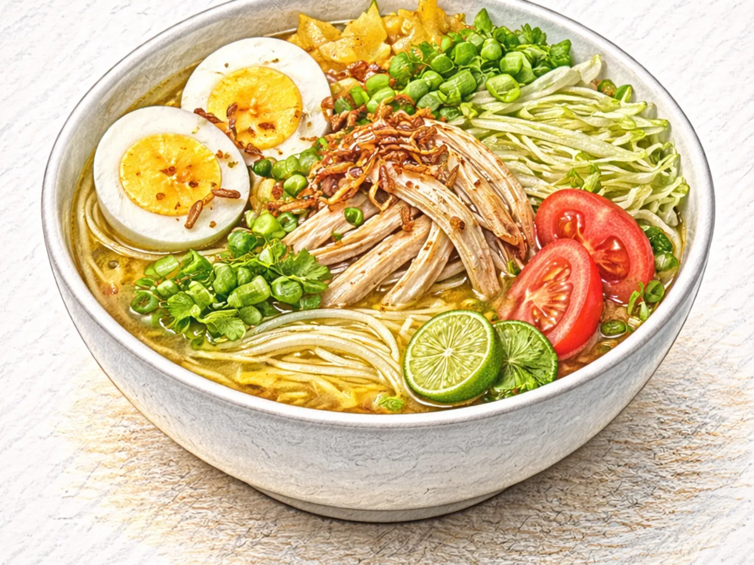 Soto Ayam (Sopa indonesia de fideos y pollo con cúrcuma dorada)