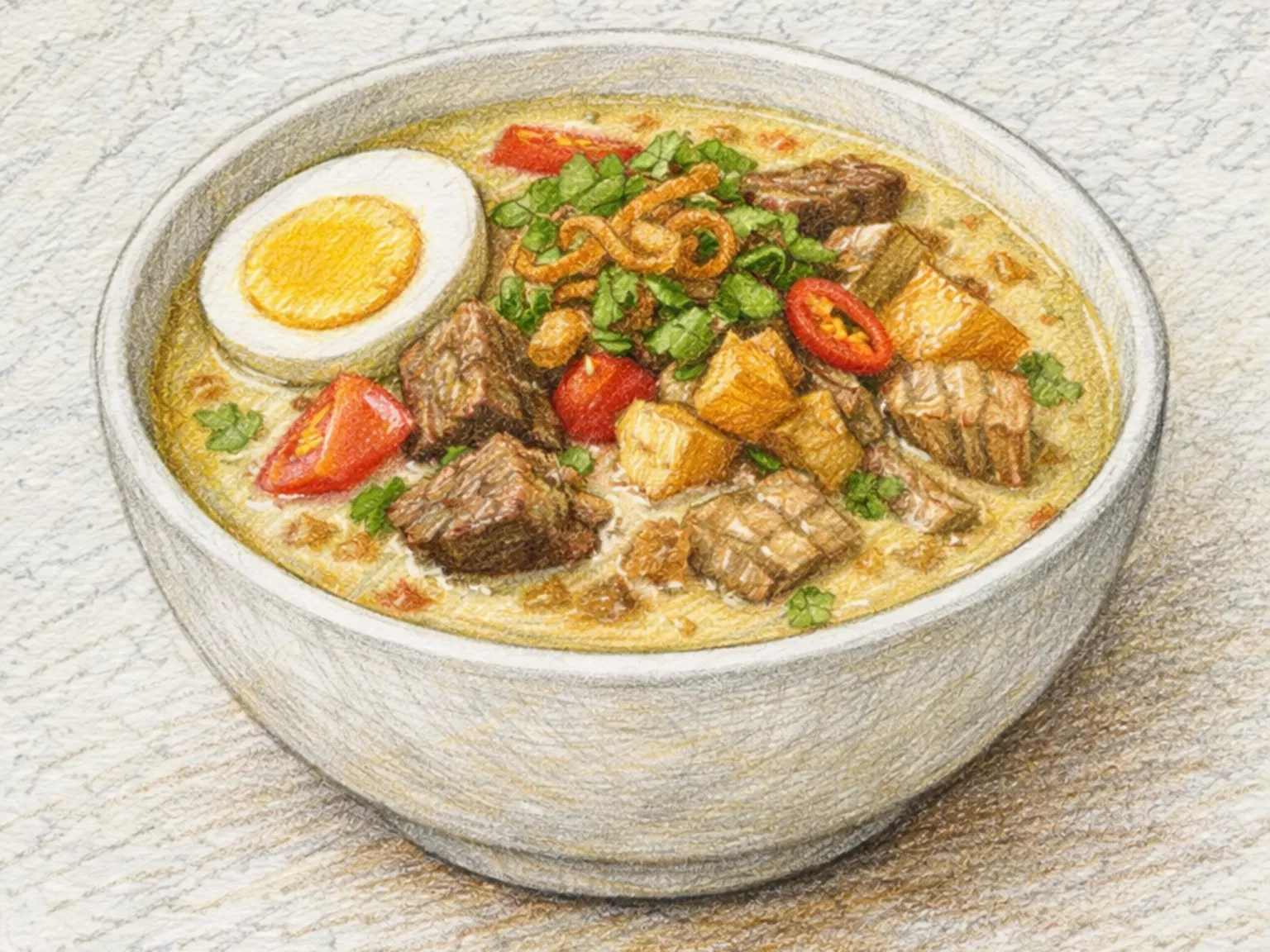 Soto Betawi (Sopa cremosa de ternera con leche de coco de Yakarta)