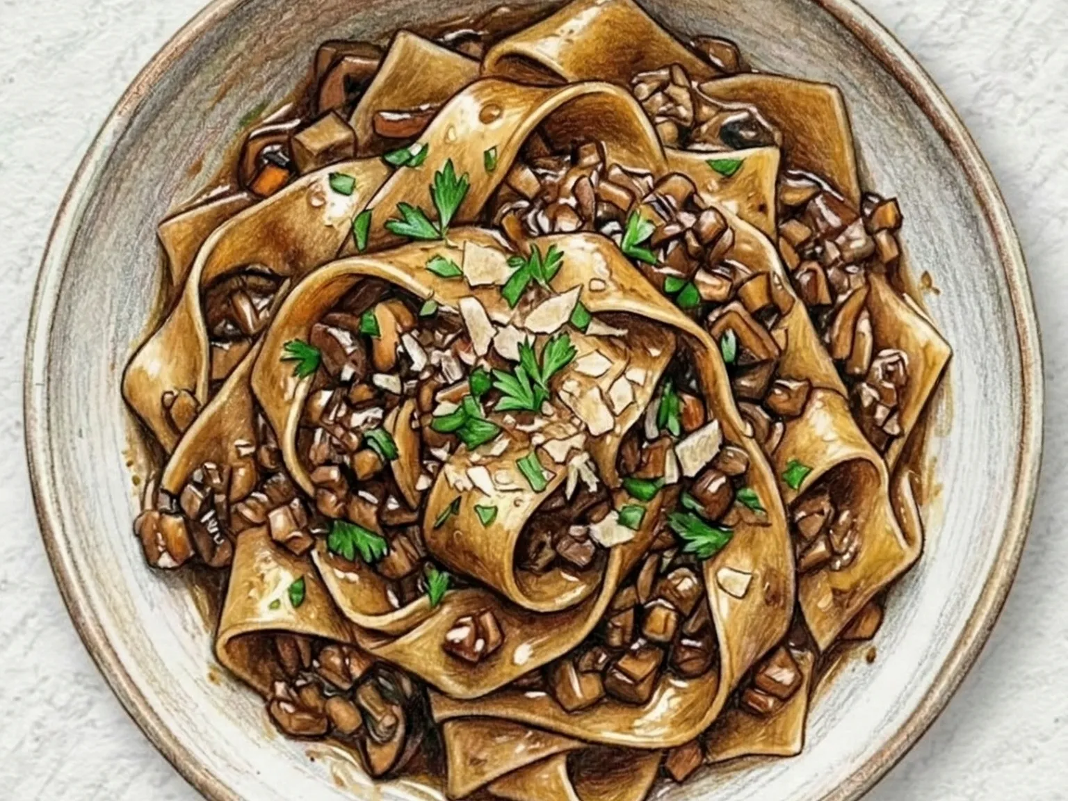 醤油きのこラグーパッパルデッレ（醤油煮きのこパスタ）