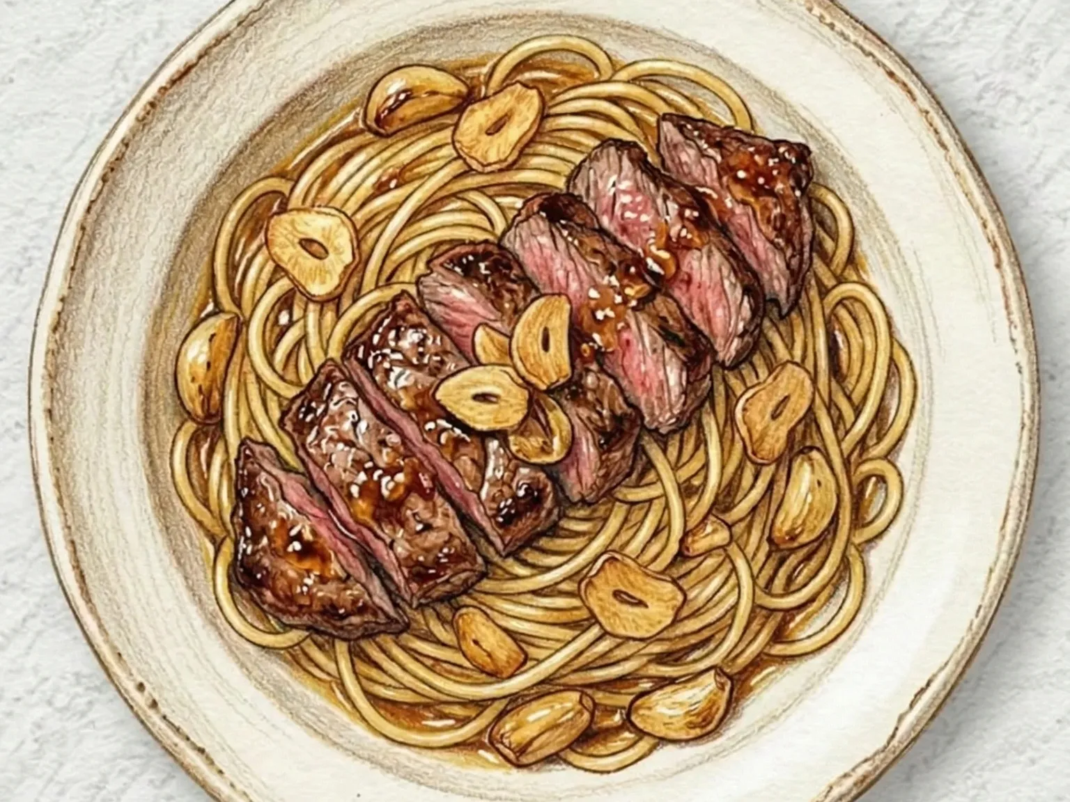 Espaguetis al Ajo con Bistec a la Mantequilla de Soja