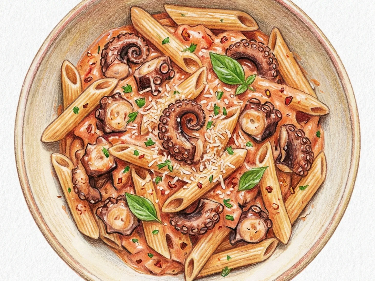 Spicy Octopus Rose Penne (penne rose con pulpo picante)