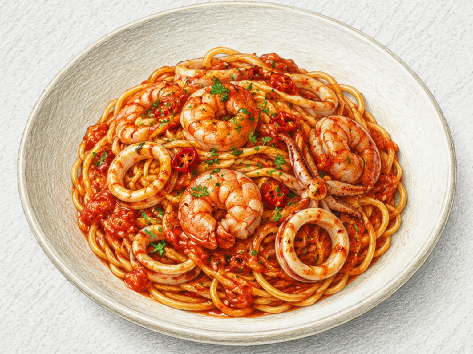 Macarrão com Frutos do Mar e Molho de Tomate Picante