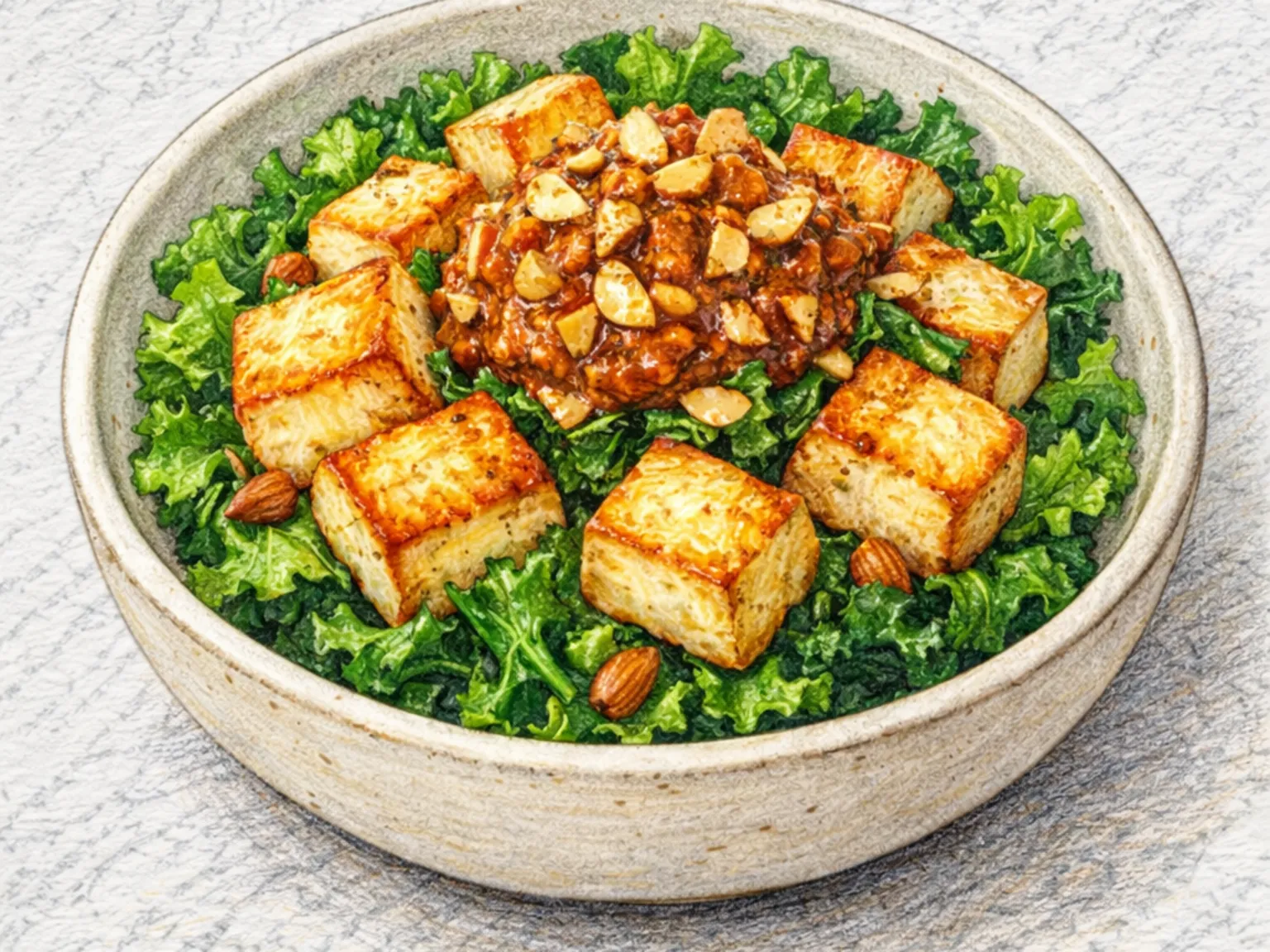 Ssamjang Tofu Kale Crunch Salad (Salada Crocante de Couve e Tofu com Ssamjang)