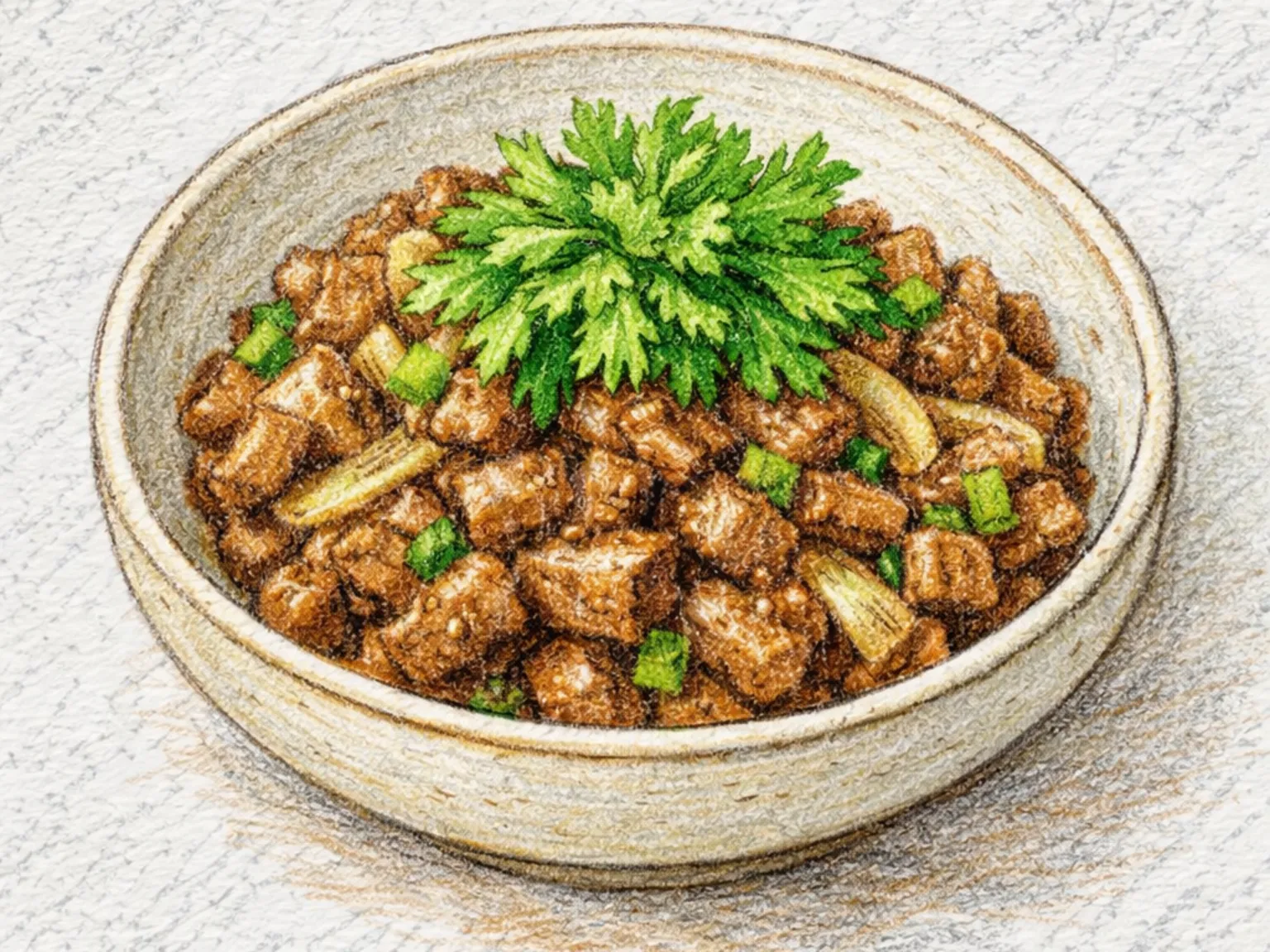 Ssukgat-dwaeji-doenjang-bokkeum (Refogado coreano de porco e crisântemo-comestível)