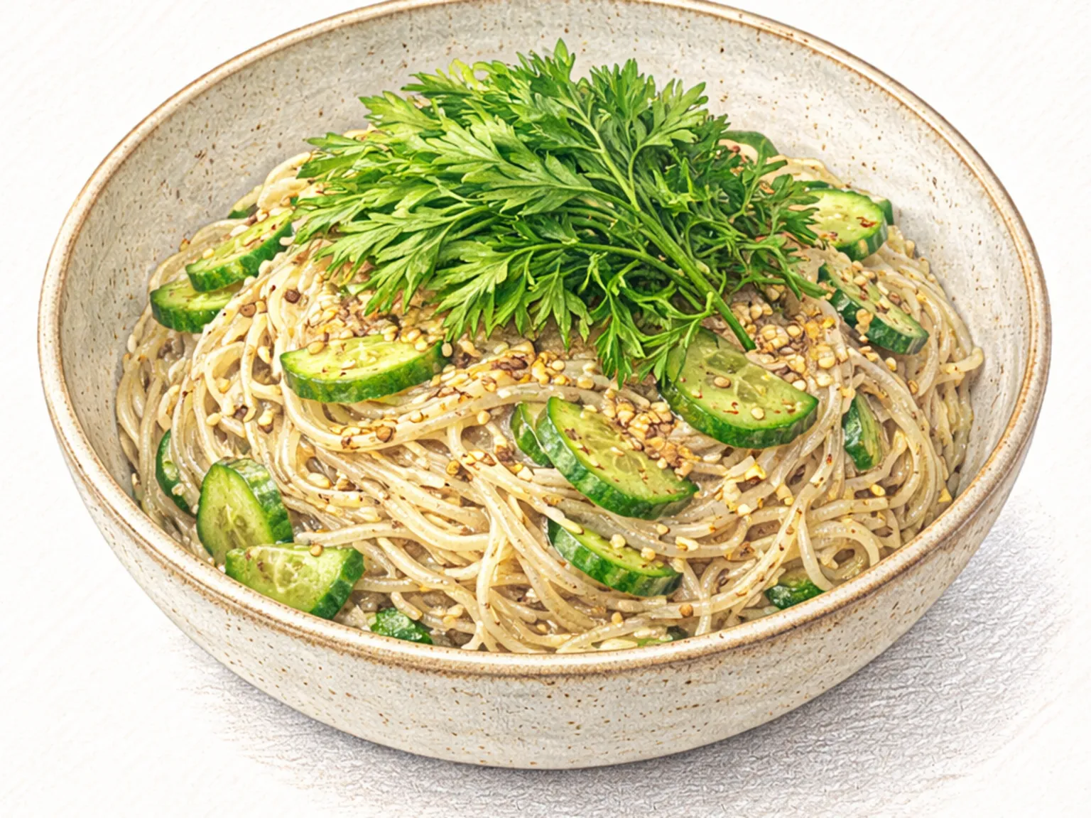 シュンギクえごまビビンソミョン（えごまと春菊の和え素麺）