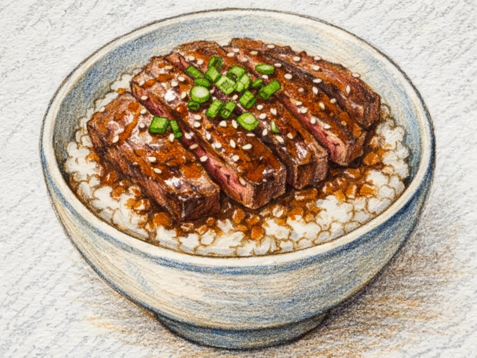 Steak-don (bol de arroz con filete de ternera y glaseado de soja y ajo)