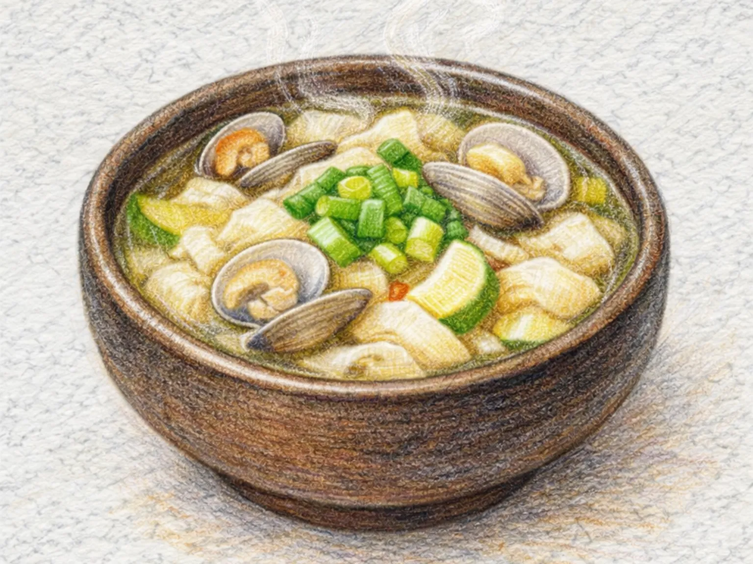 Sujebi Bajirak Jjigae (sopa de massa rasgada à mão com amêijoas)