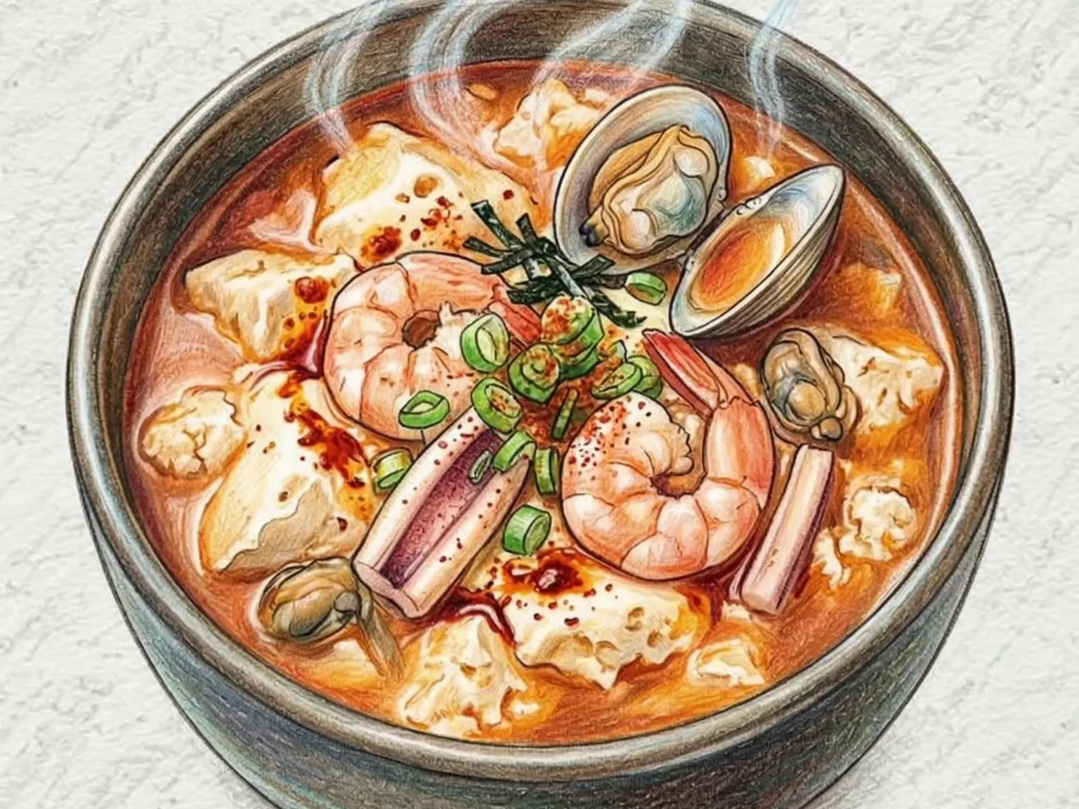 スンドゥブ海鮮チゲ（エビとアサリの辛い絹豆腐鍋）