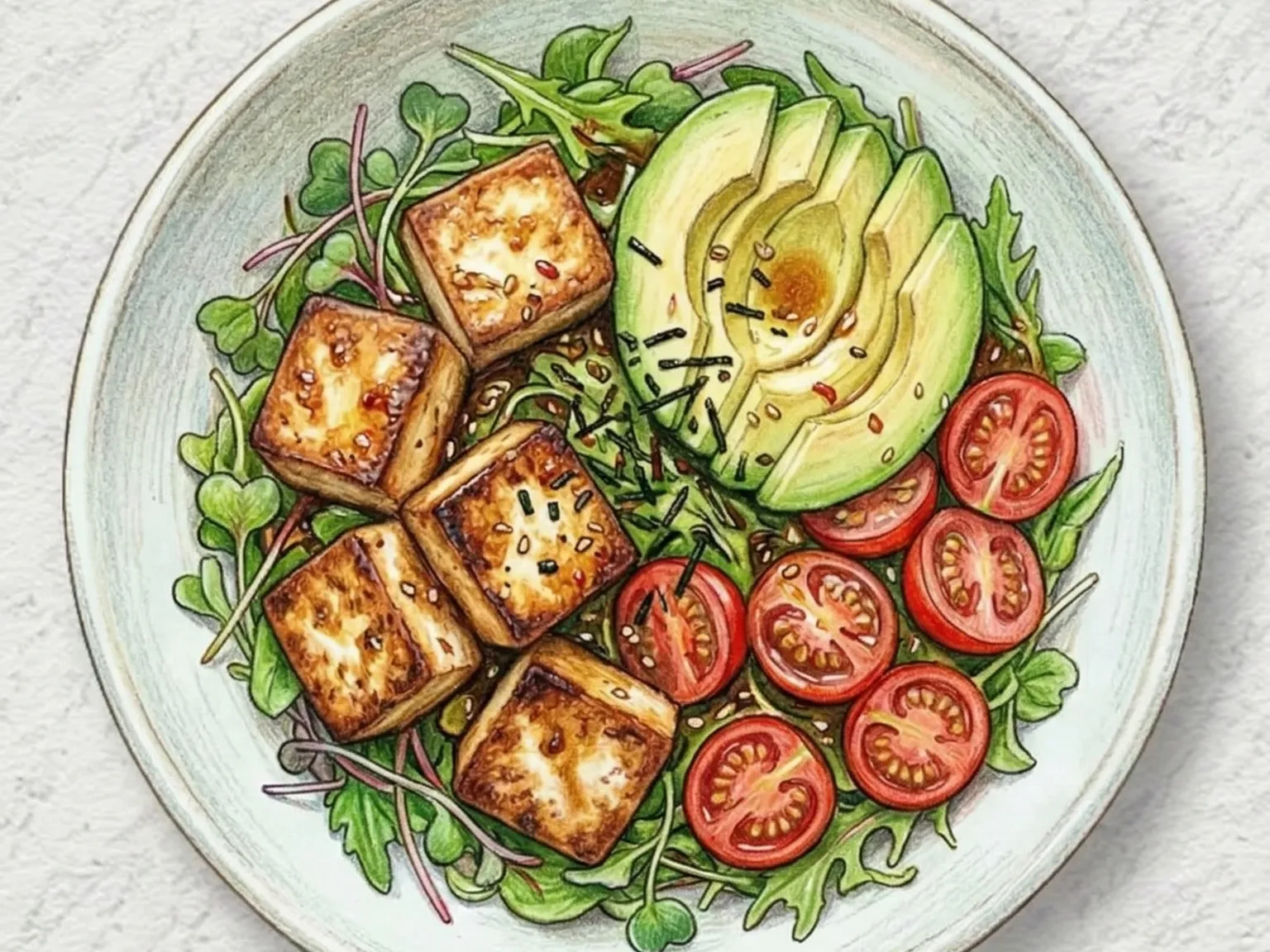 Salada de Tofu e Abacate (Tigela de Gergelim com Tofu Sedoso e Abacate)