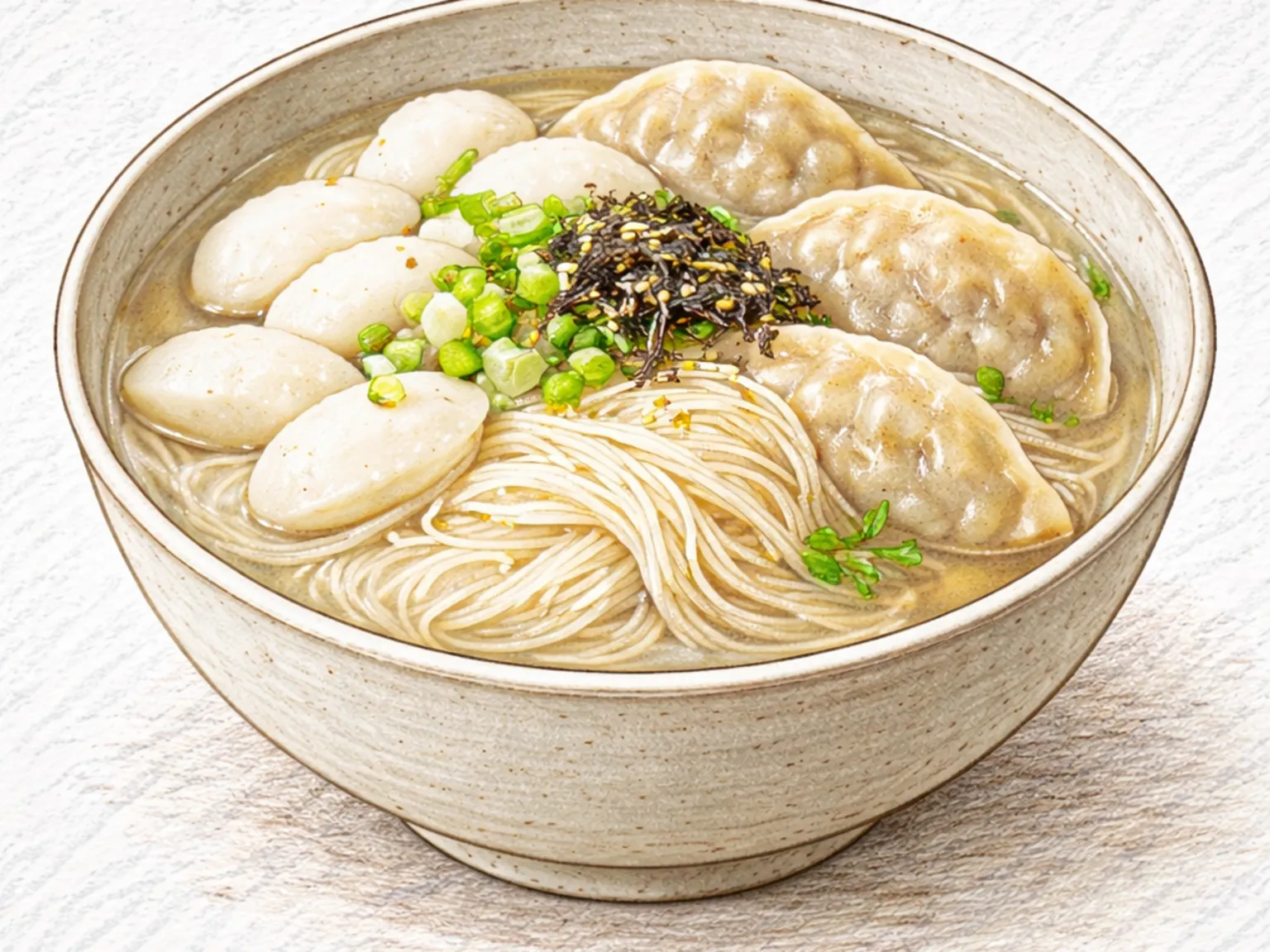 Tteok-mandu-guk-myeon (sopa coreana de macarrão com bolo de arroz e bolinhos)