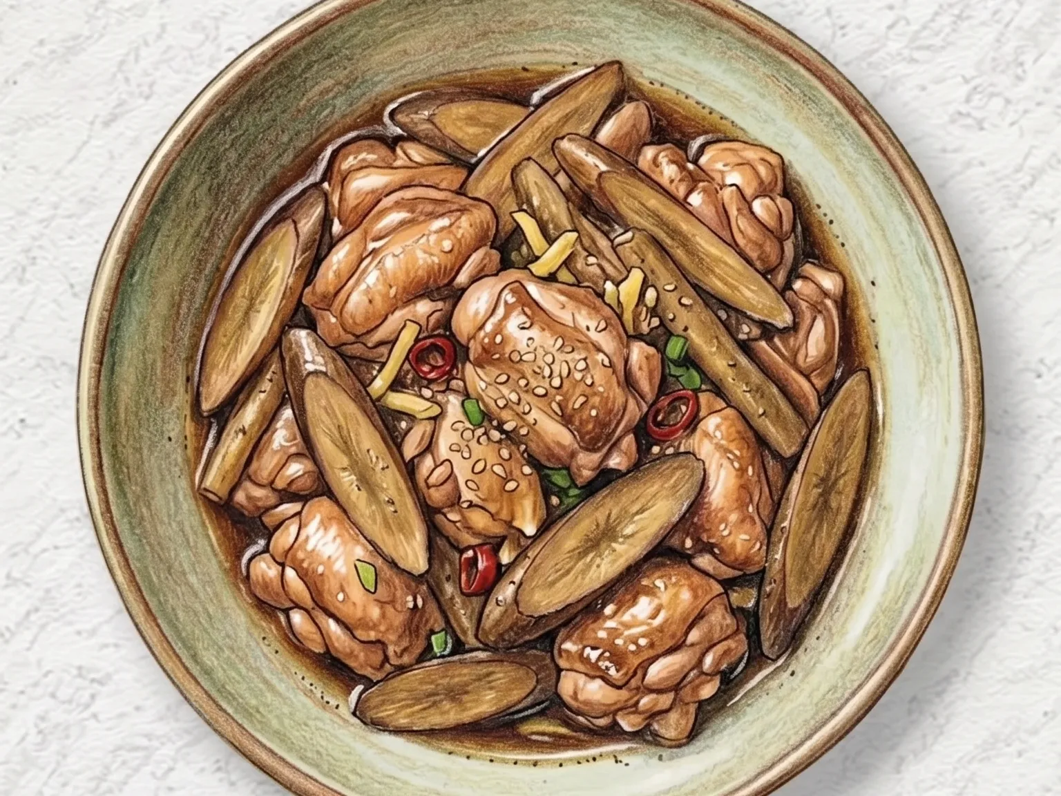 Ueong Dak Jorim (Frango coreano cozido com bardana)