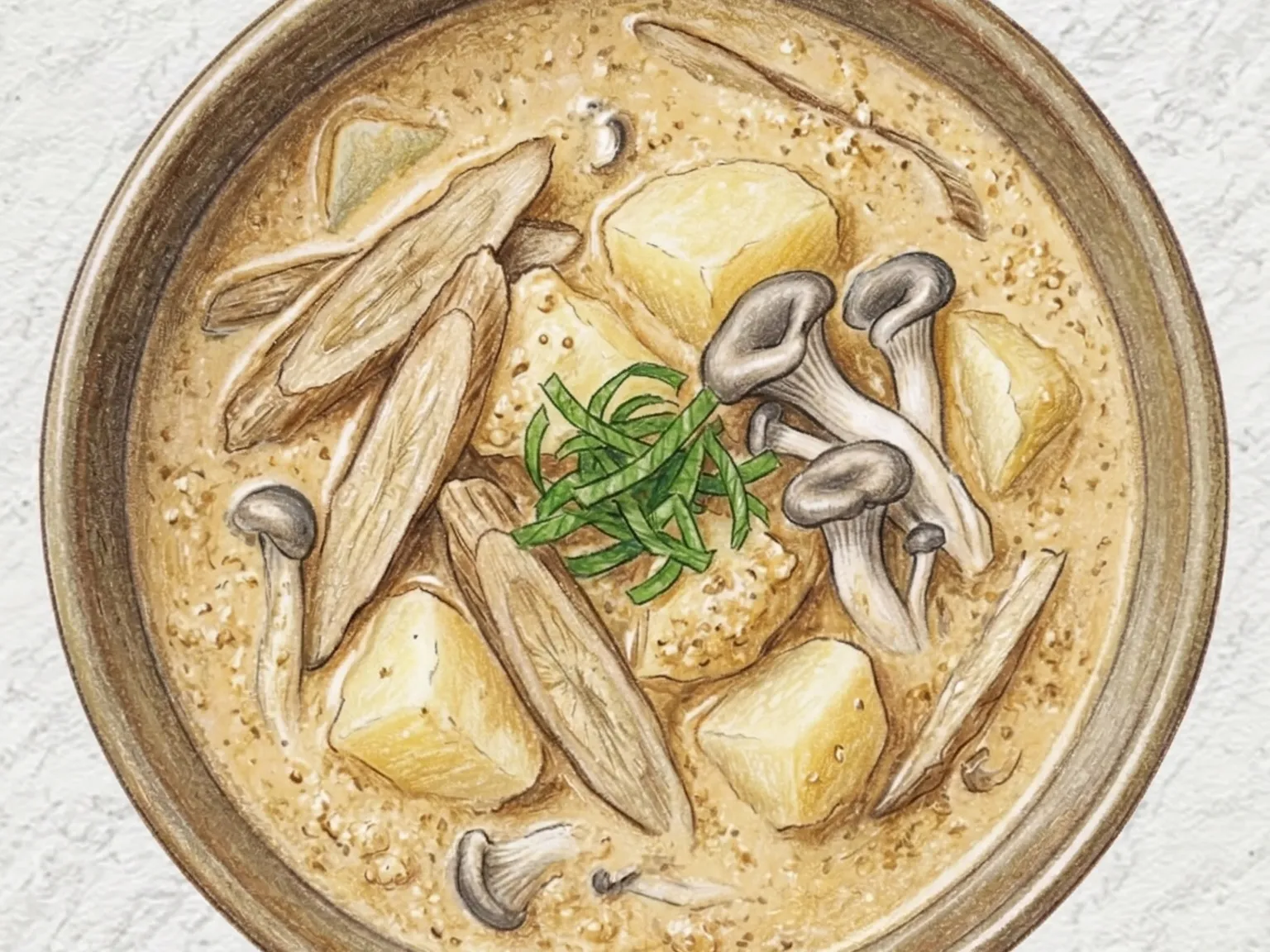 ゴボウエゴマチゲ（ゴボウとじゃがいものエゴマ味噌スープ）