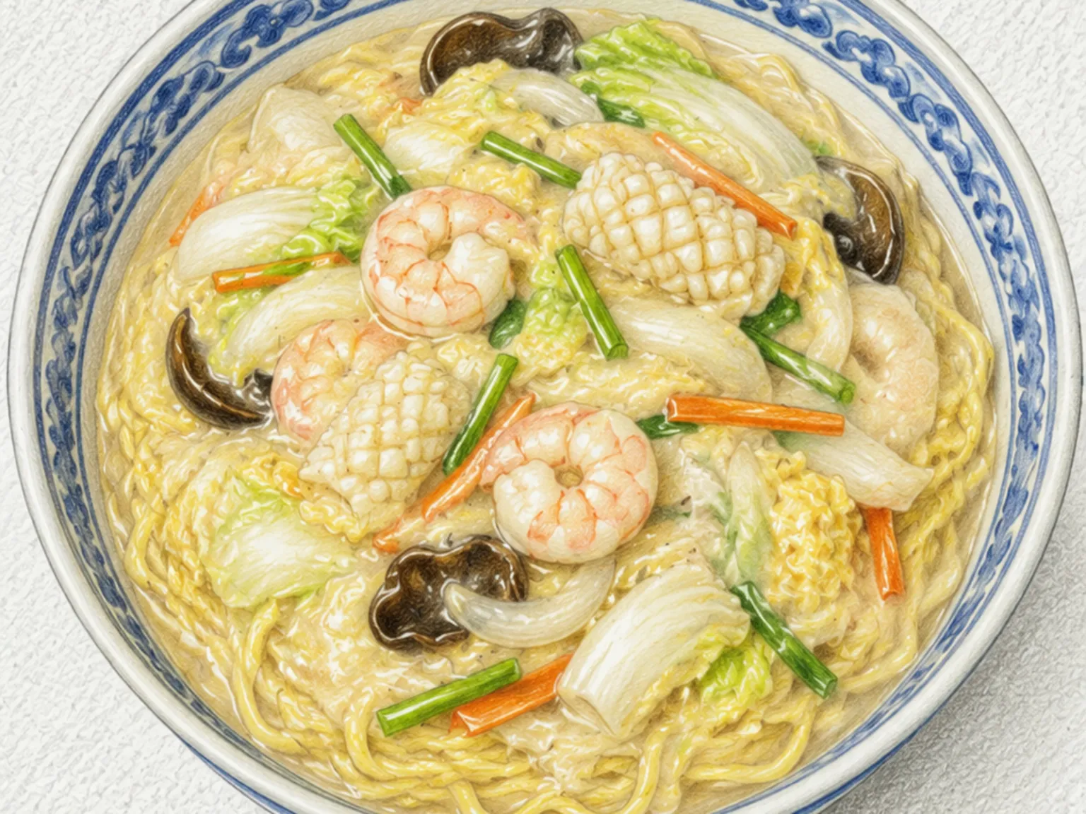 Ulmyeon (macarrão coreano-chinês com molho espesso de frutos do mar)