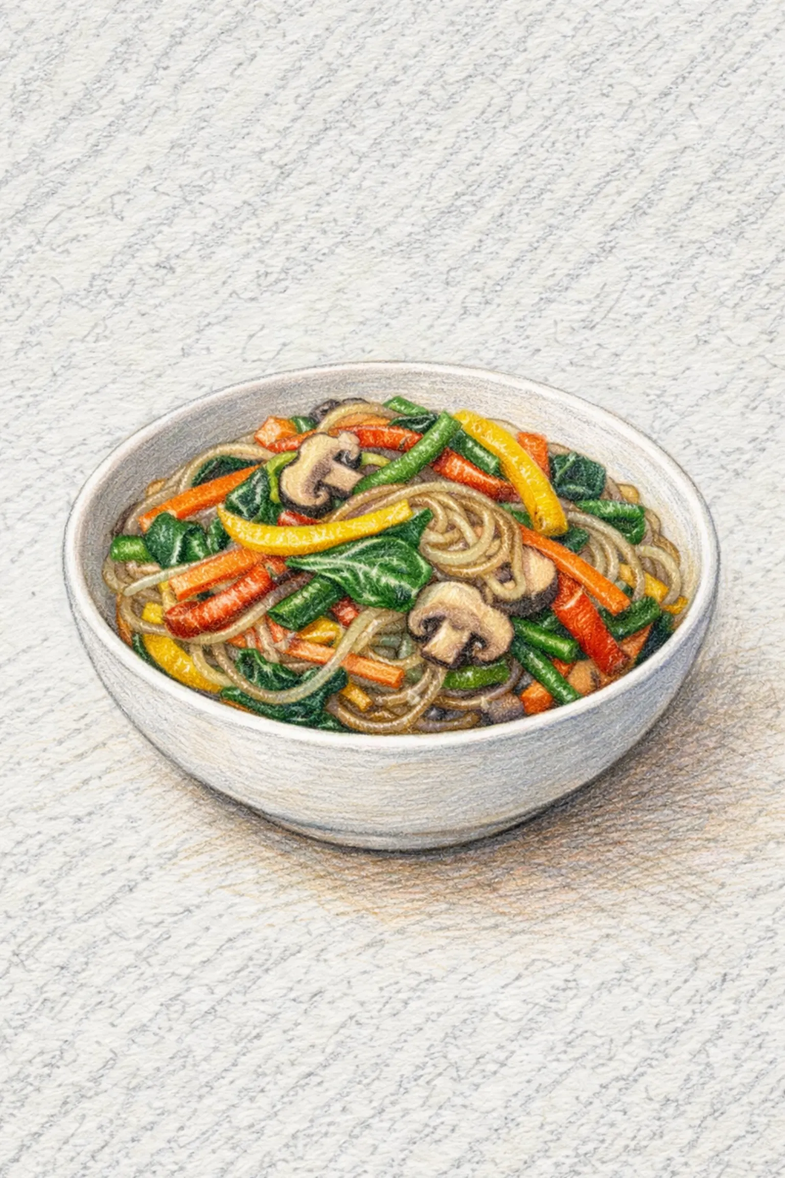 Yachae Japchae (salteado coreano de fideos de cristal y verduras variadas)