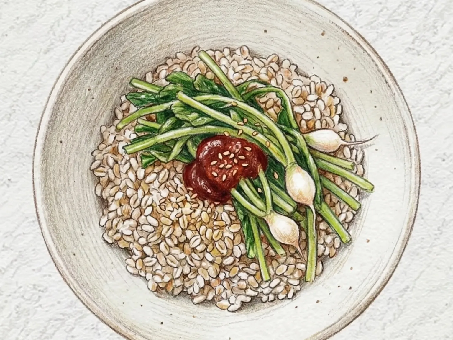 Yeolmu-bori-bibimbap (Bibimbap de cevada e rábano jovem coreano)