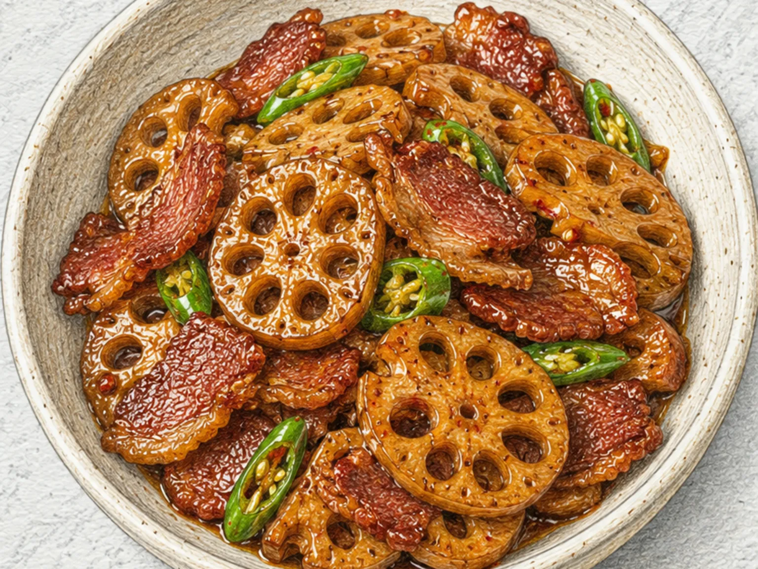 Yeongeun Ori Gochu Bokkeum (salteado coreano de raíz de loto, pato y chile)