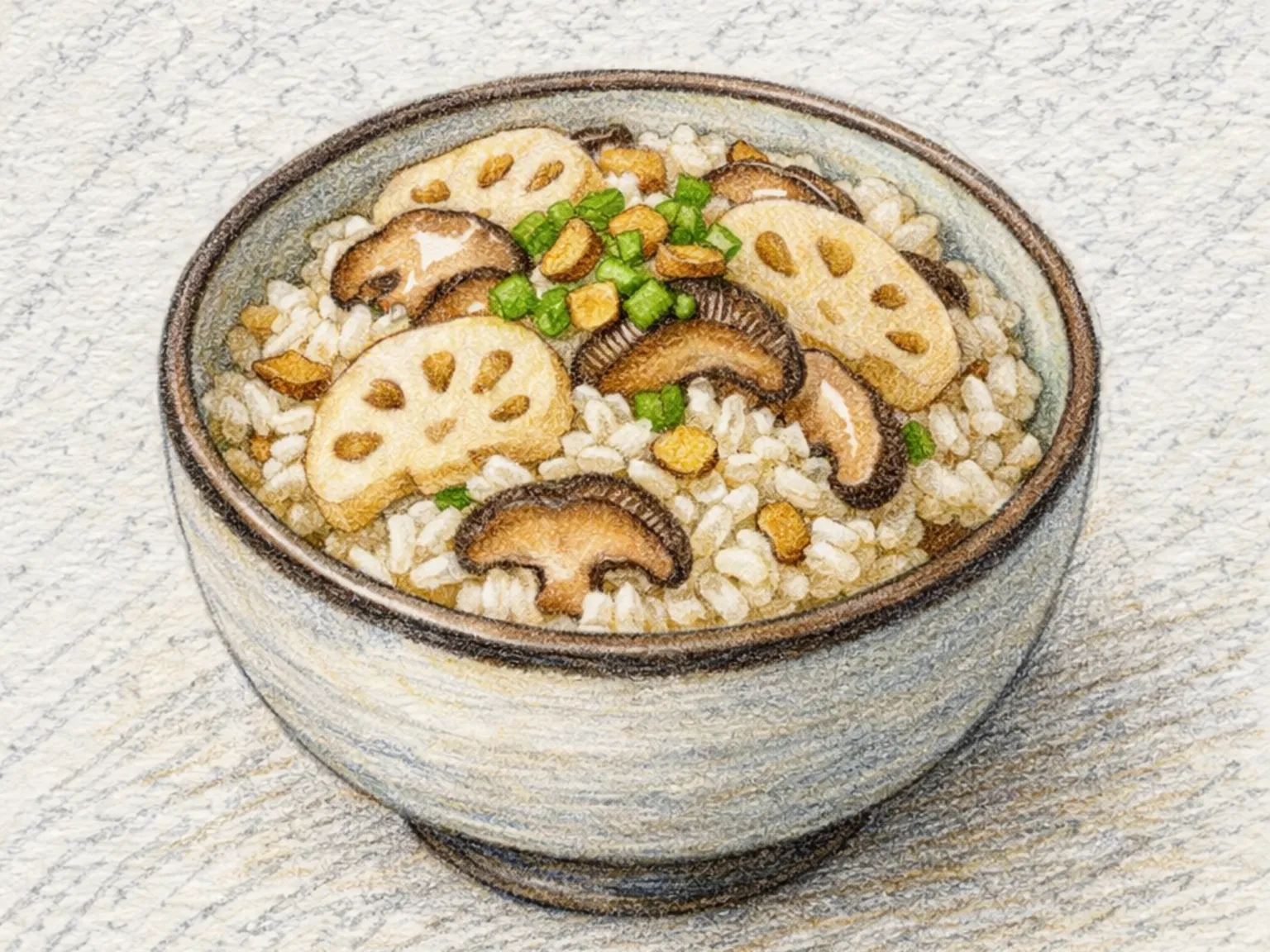 Yeongeun-pyogo-sotbap (arroz de panela coreano com raiz de lótus e cogumelo shiitake)