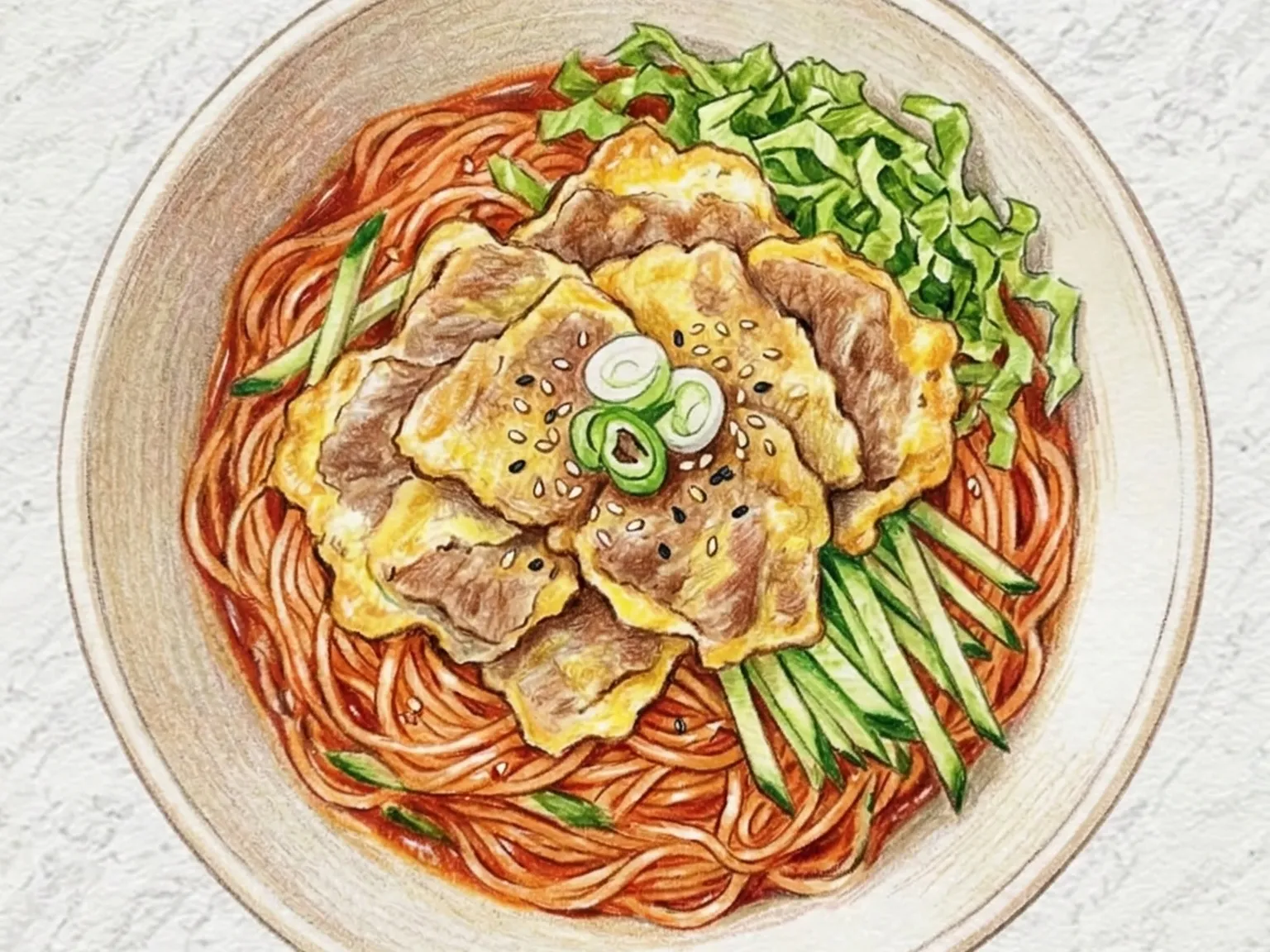 ユクジョンビビングクス（牛肉チヂミのせ辛味混ぜ麺）